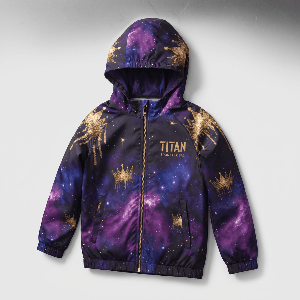 Purple galaxy-print hooded windbreaker jacket with gold crown graphics and Titan Sport Global logo.