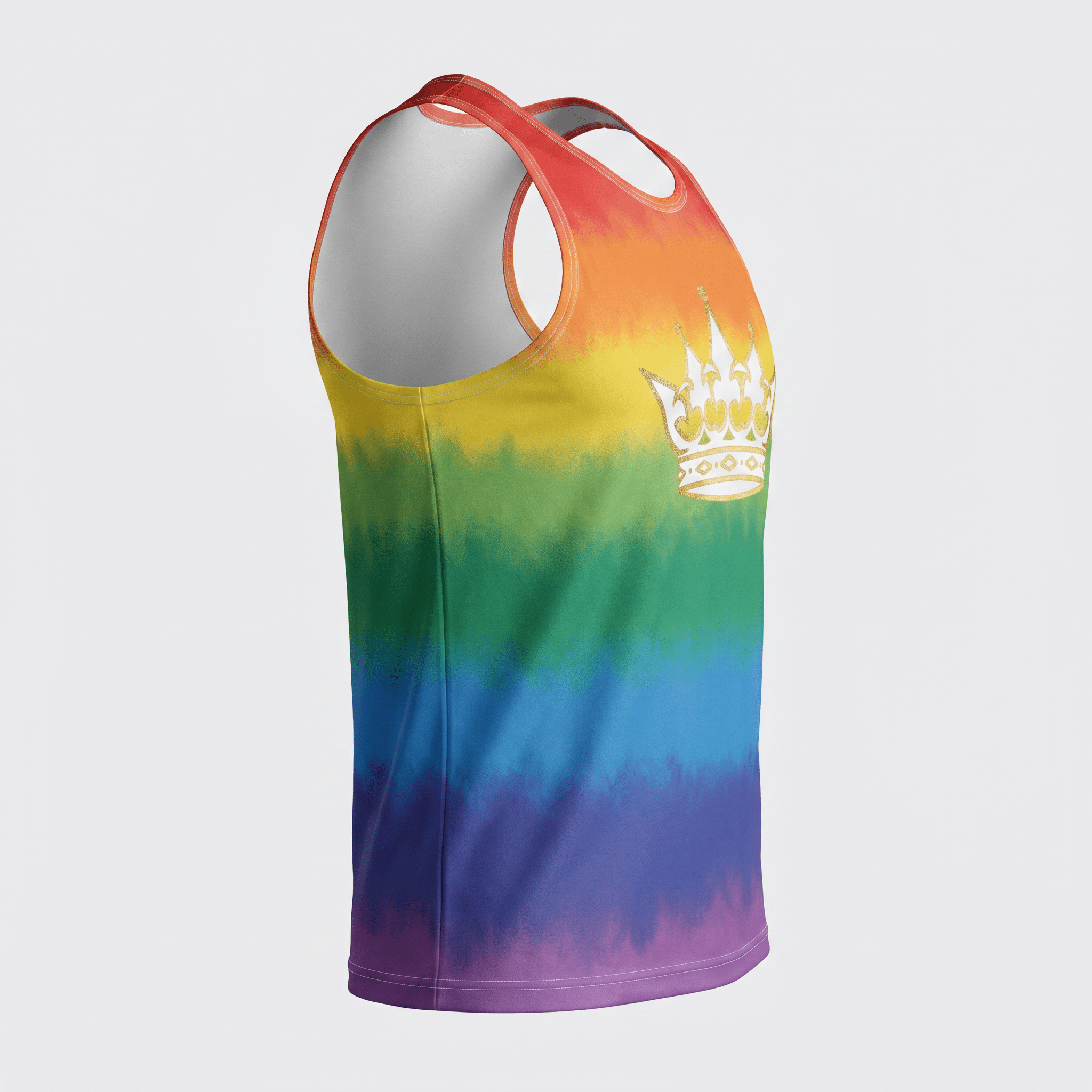 Side view of a rainbow tie-dye tank top with a white crown graphic on a light grey background.