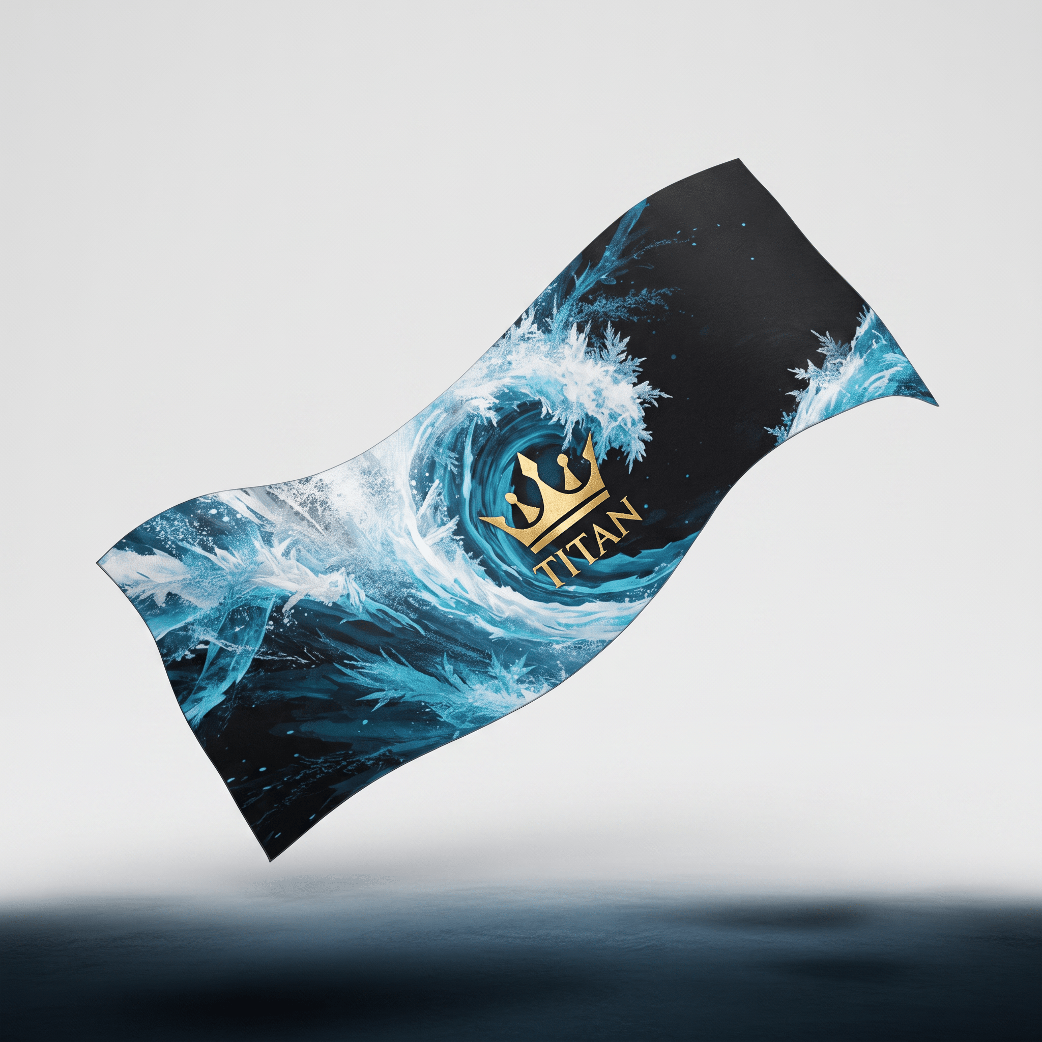 Titan promotional banner featuring a blue icy ocean wave graphic and gold crown logo on black.