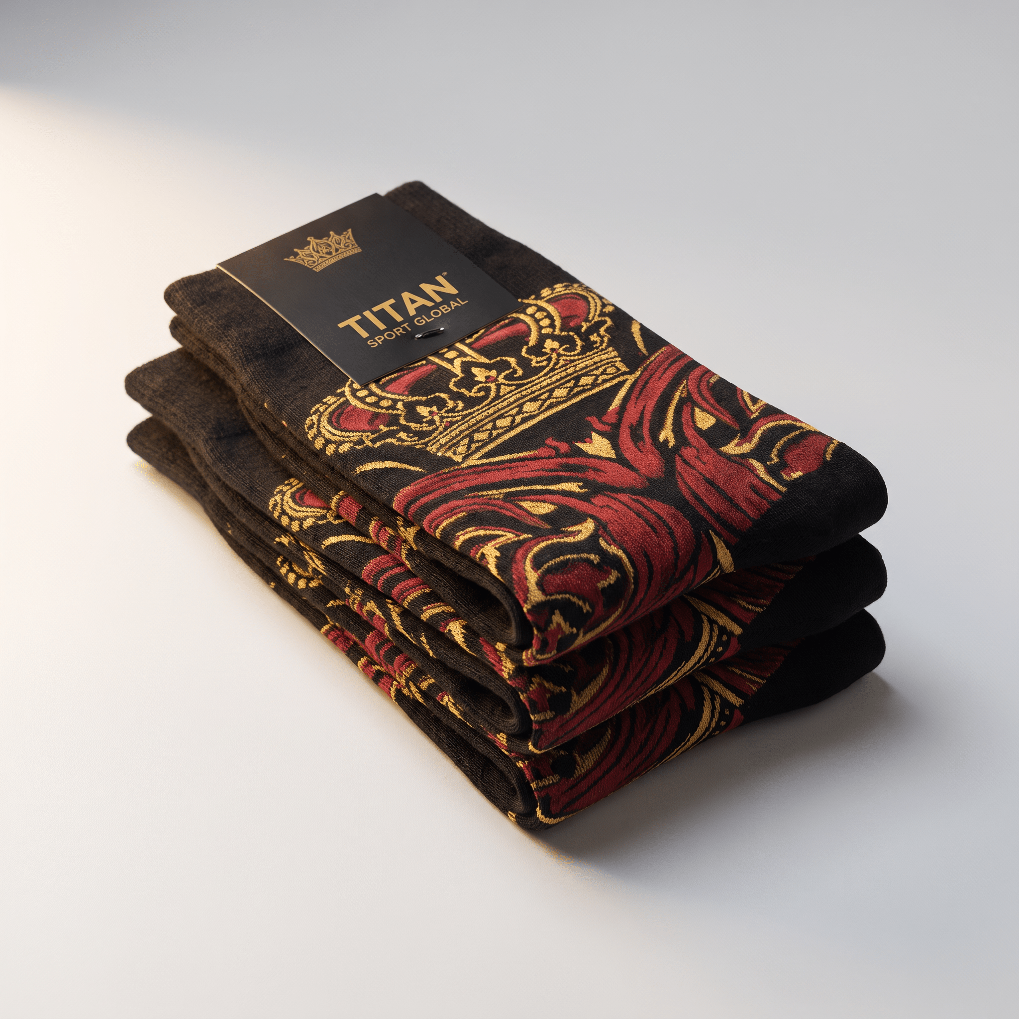 Folded black crew socks featuring a red and gold crown pattern, packaged with a Titan Sport Global label.