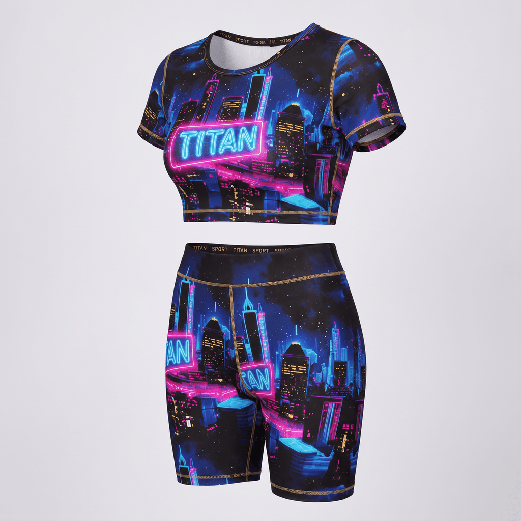 Blue and pink neon city crop top and biker shorts workout set with Titan branding.