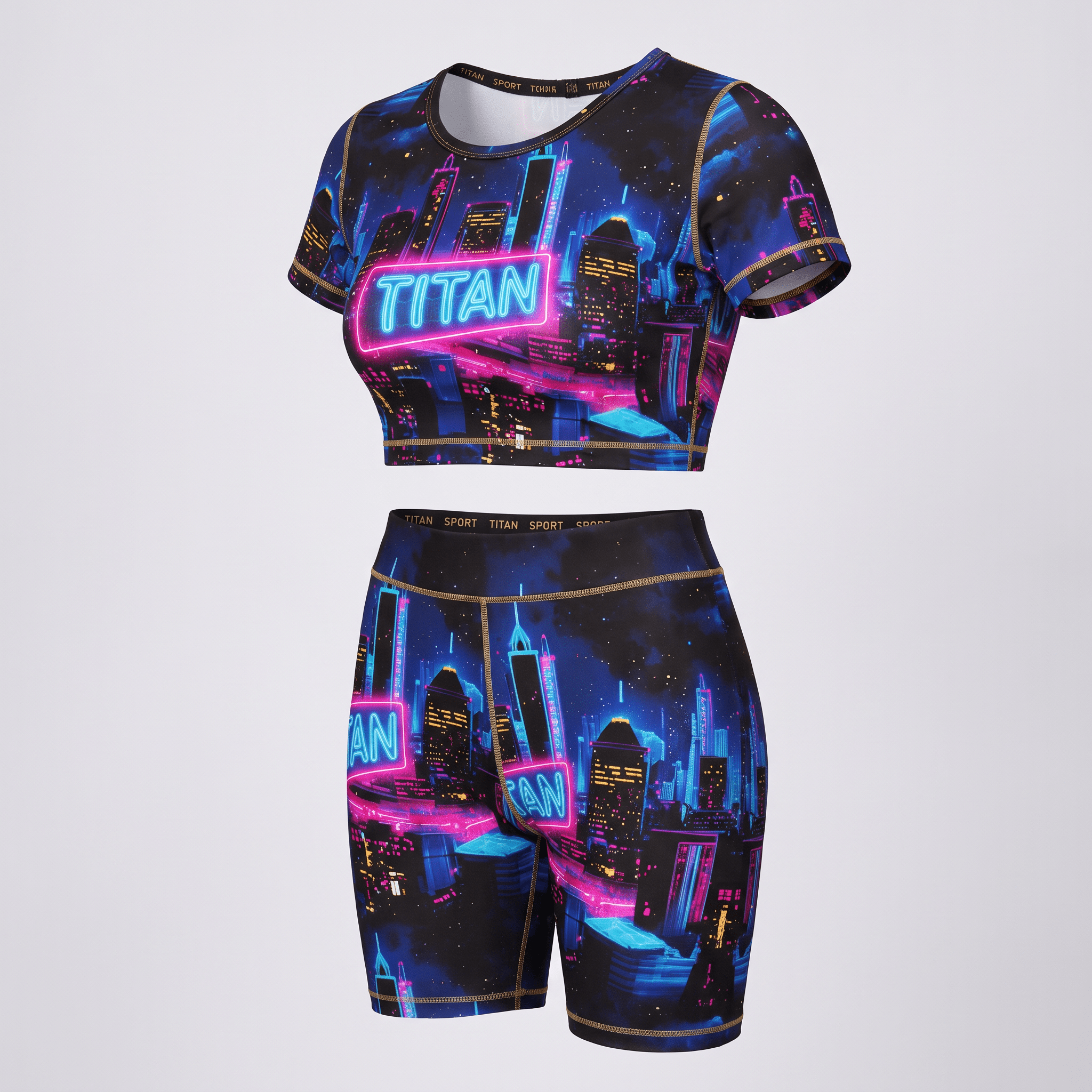 Blue and pink neon city crop top and biker shorts workout set with Titan branding.