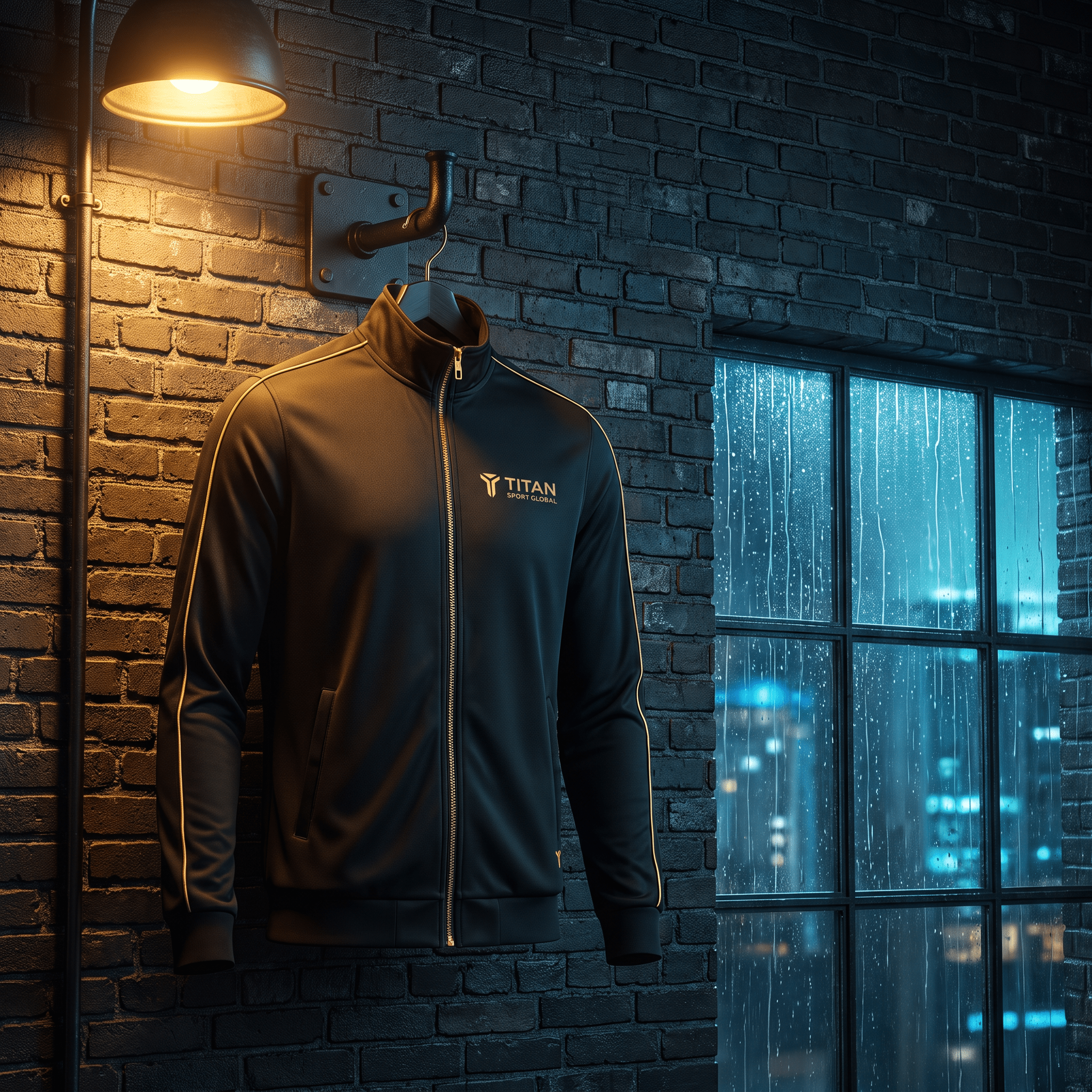 Black athletic track jacket with gold zipper and trim, featuring a Titan Sport Global logo, hanging on a brick wall.