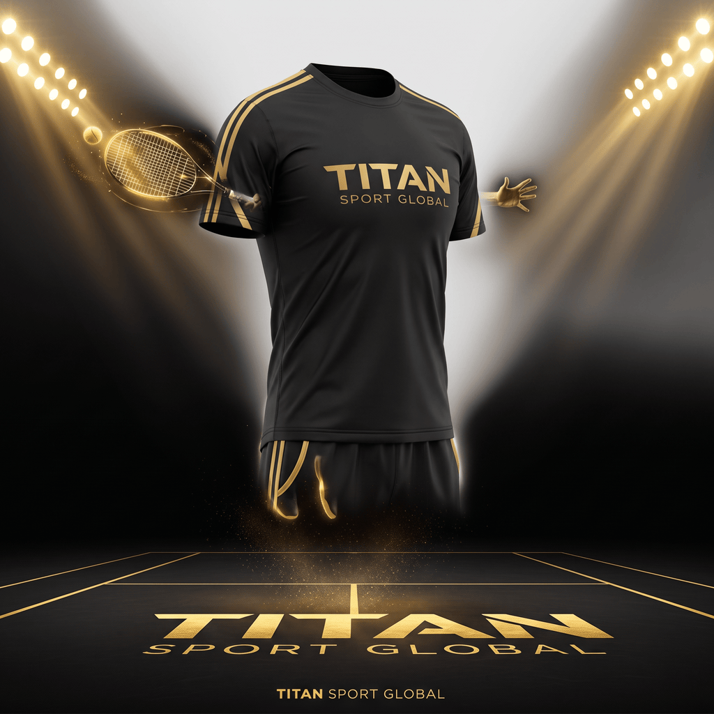 Black and gold athletic t-shirt with Titan Sport Global branding on a court.