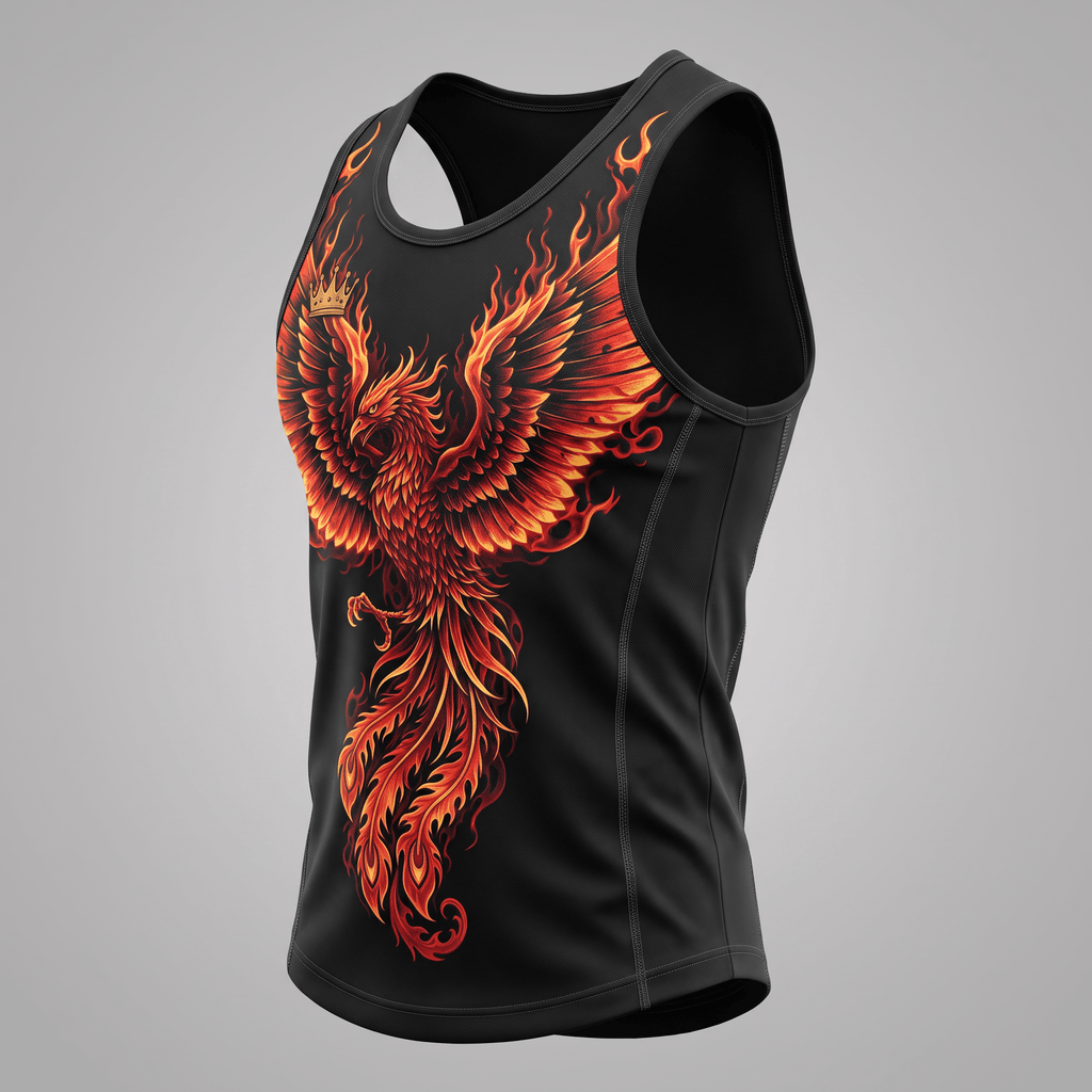 Black athletic tank top featuring a vibrant red and orange graphic of a phoenix wearing a crown.