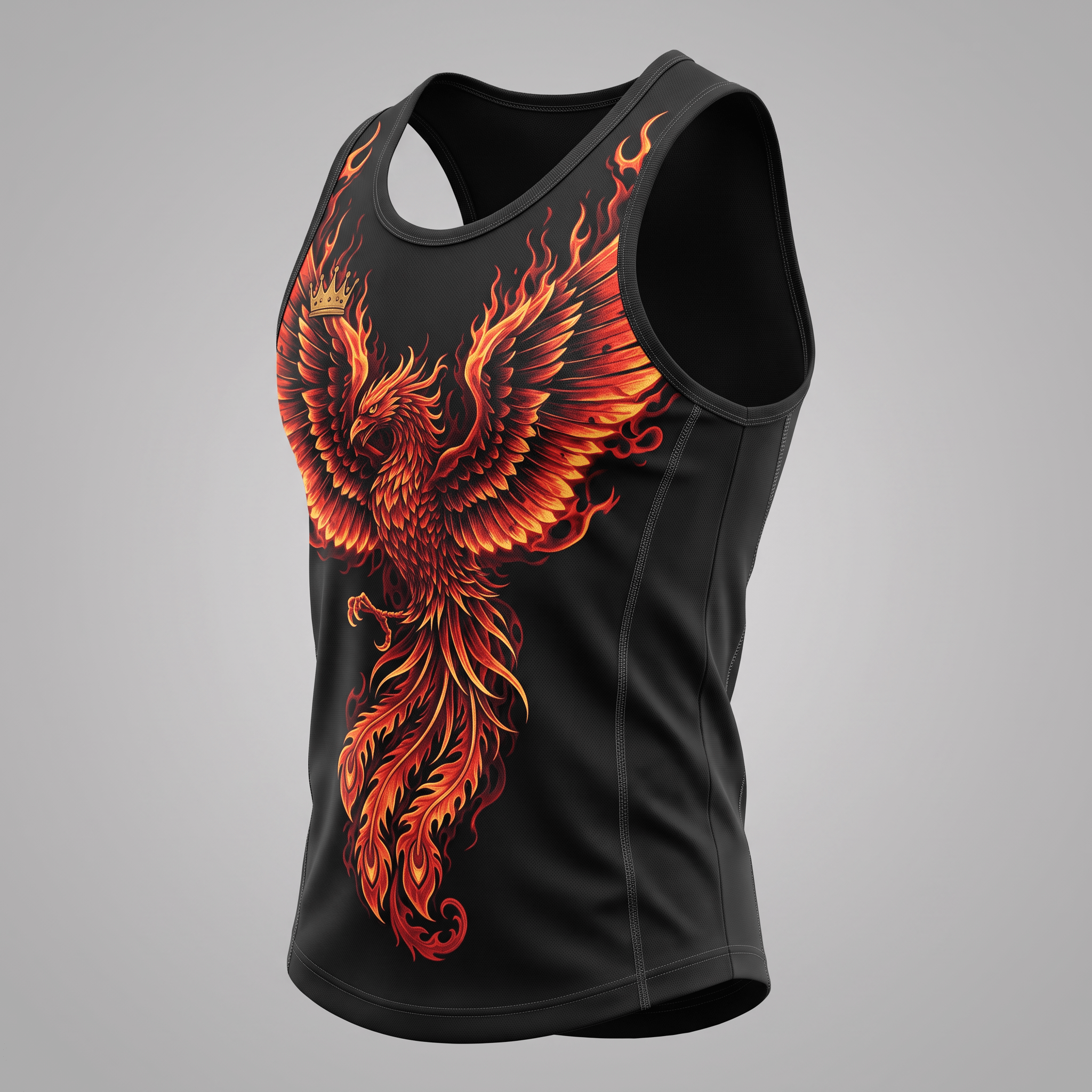 Black athletic tank top featuring a vibrant red and orange graphic of a phoenix in flames.