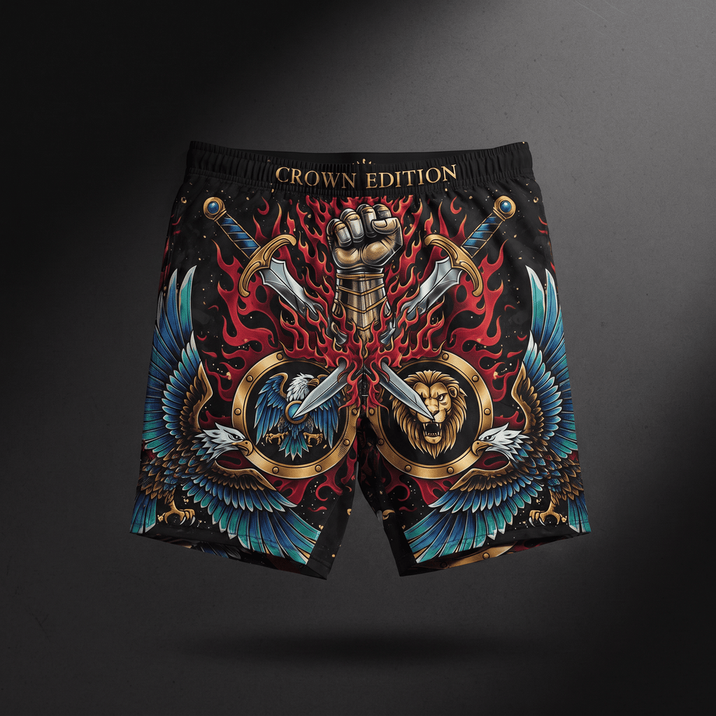Black athletic shorts featuring a bold fantasy print with eagles, swords, lion, fist, and red flames.