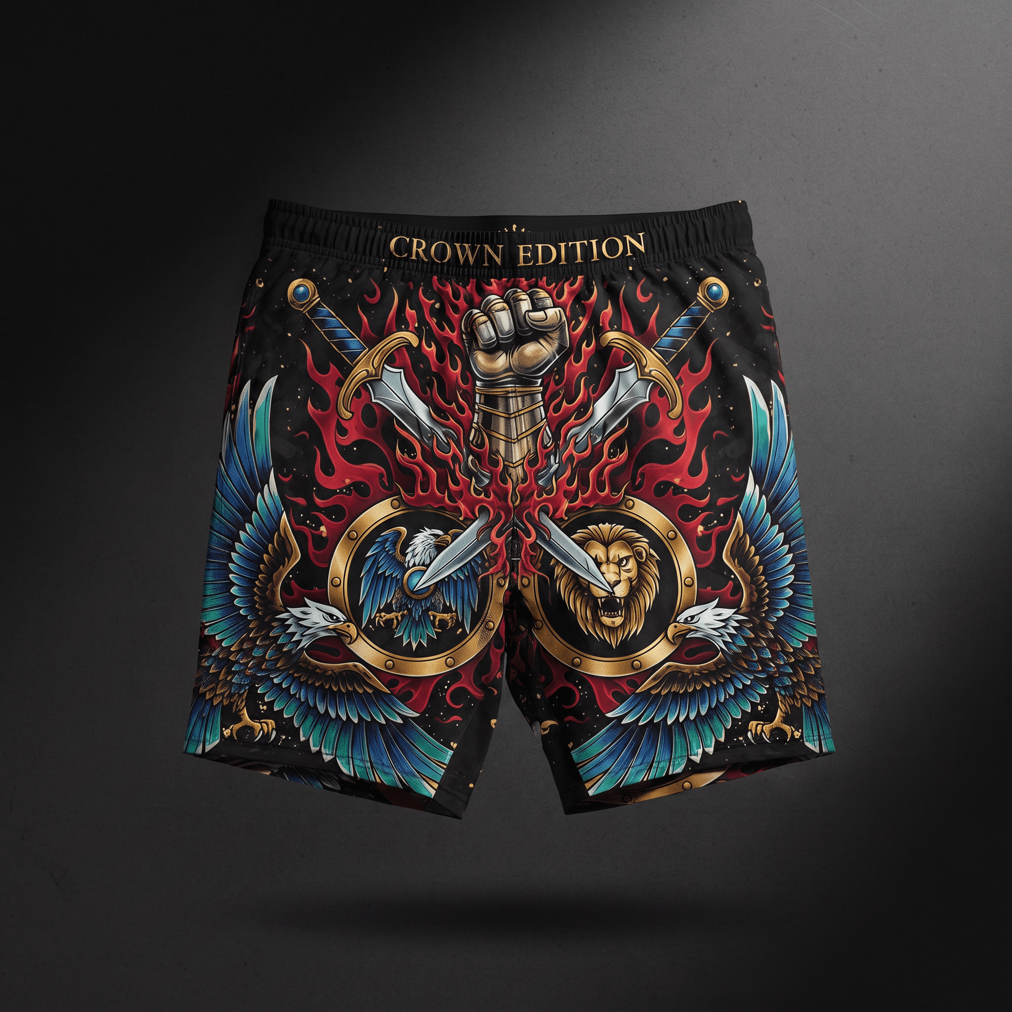 Black athletic shorts featuring a bold fantasy print with eagles, swords, lion, fist, and red flames.