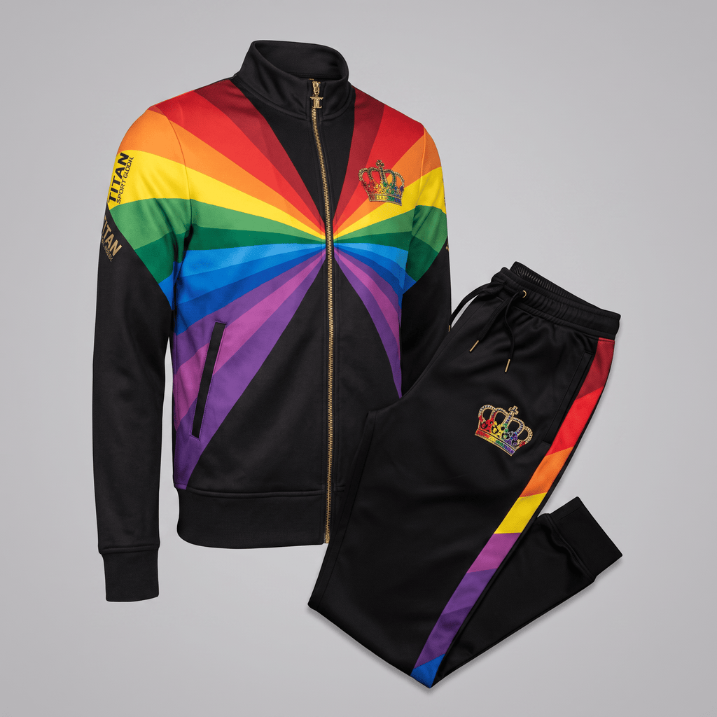 Black tracksuit with rainbow sunburst pattern, gold zipper, and crown logos on jacket and pants.