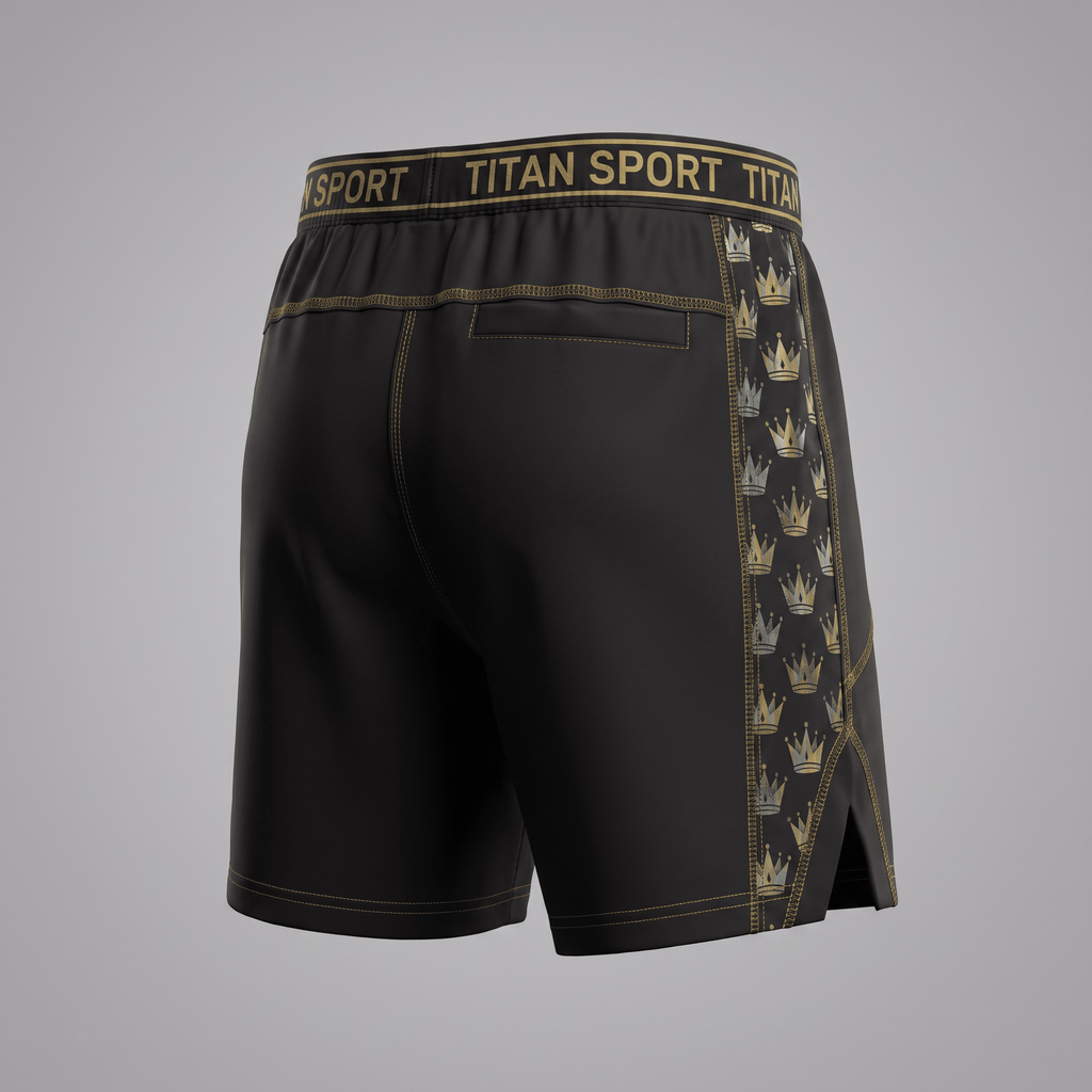 Black Titan Sport athletic shorts with gold crown side panels and branded waistband viewed from the back