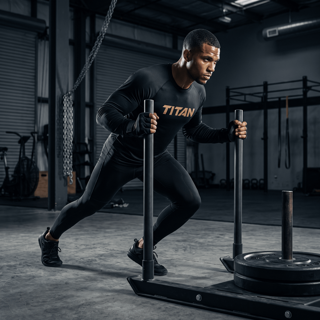 Male athlete in a black long-sleeve TITAN performance shirt pushes a weighted sled in a gym.