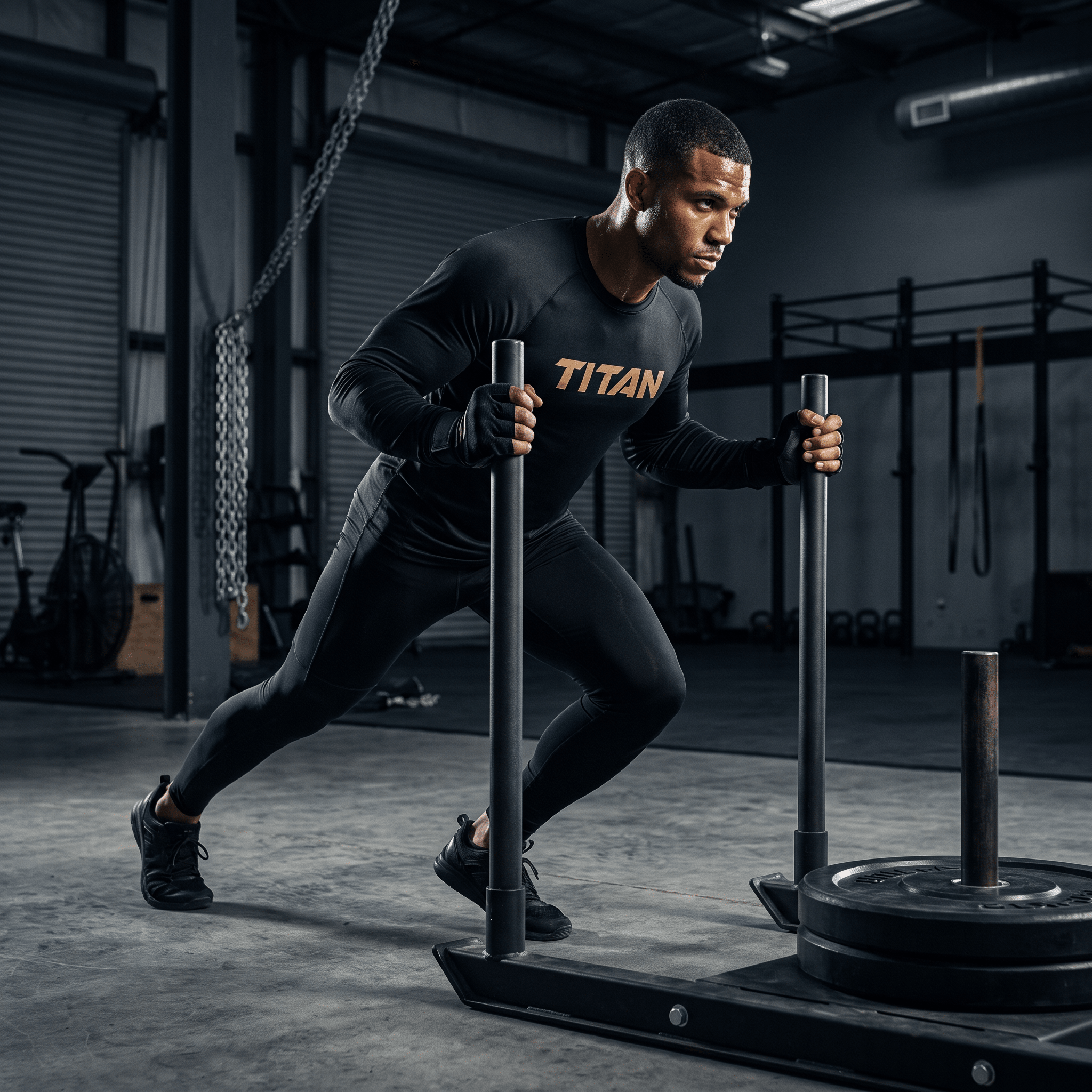 Male athlete in a black long-sleeve TITAN performance shirt pushes a weighted sled in a gym.