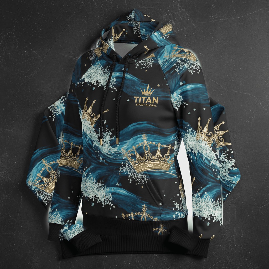 Black and blue hoodie featuring an ocean wave and gold crown pattern with Titan Sport Global logo.