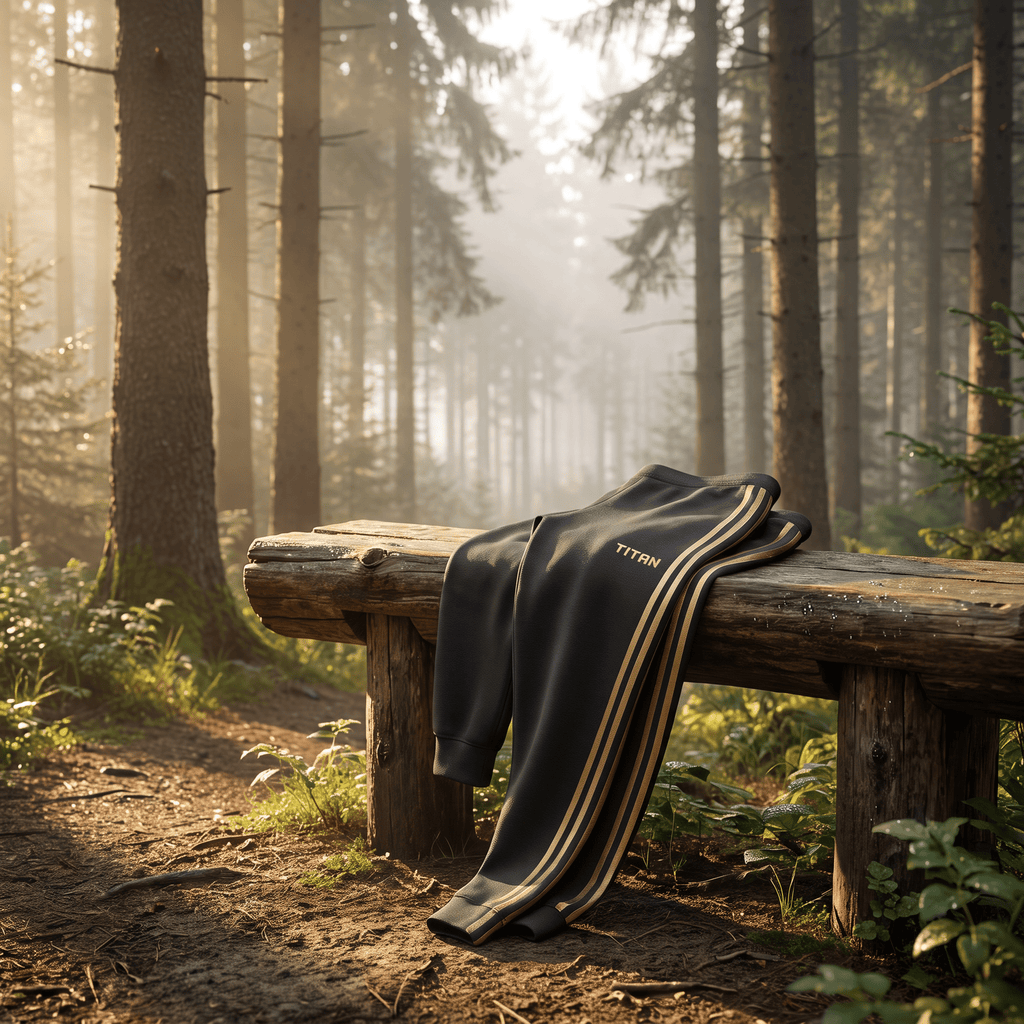 Black athletic joggers with gold stripes and "TITAN" logo resting on a wooden bench in a sunlit forest.