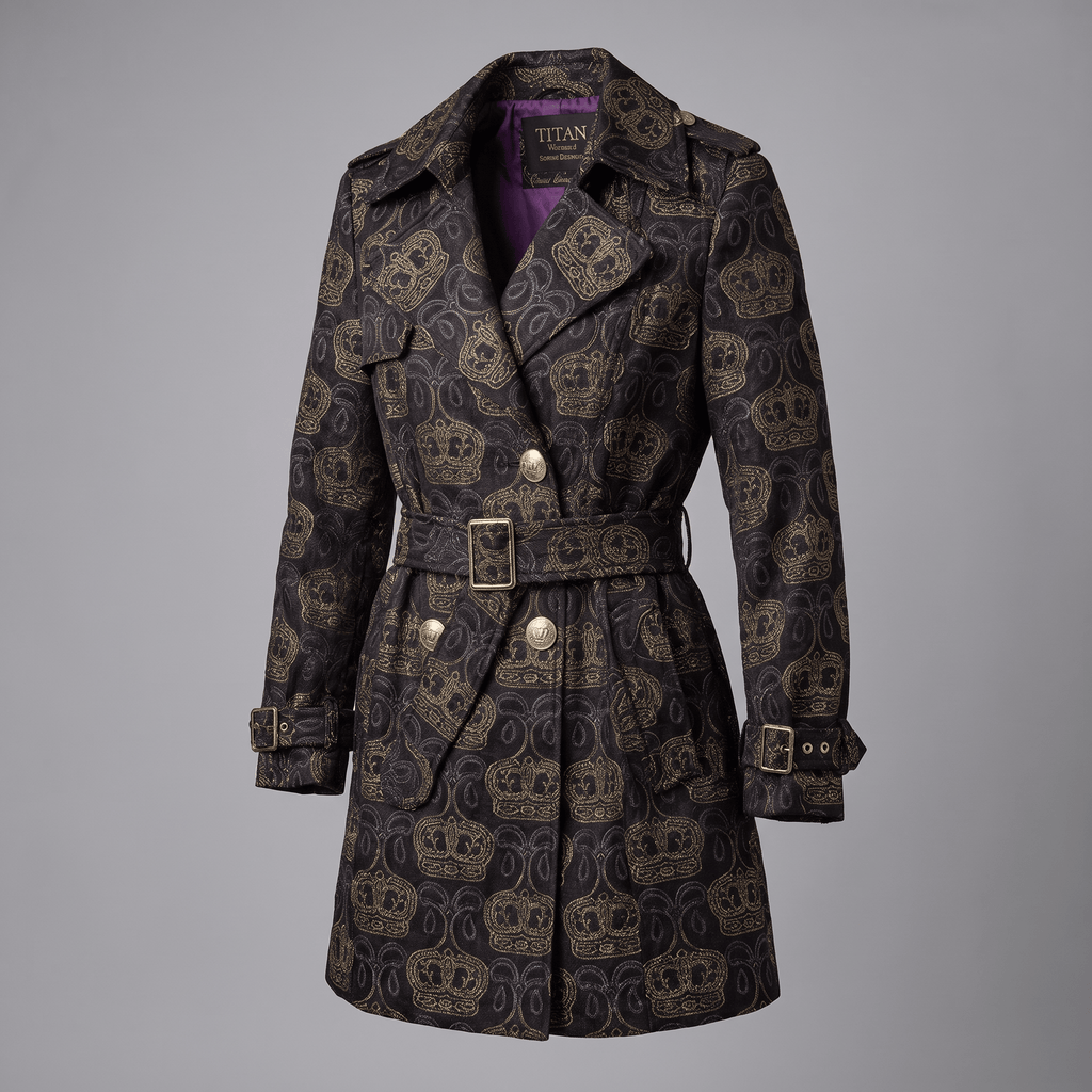 Titan black trench coat with gold crown print and purple lining, belted double-breasted style.