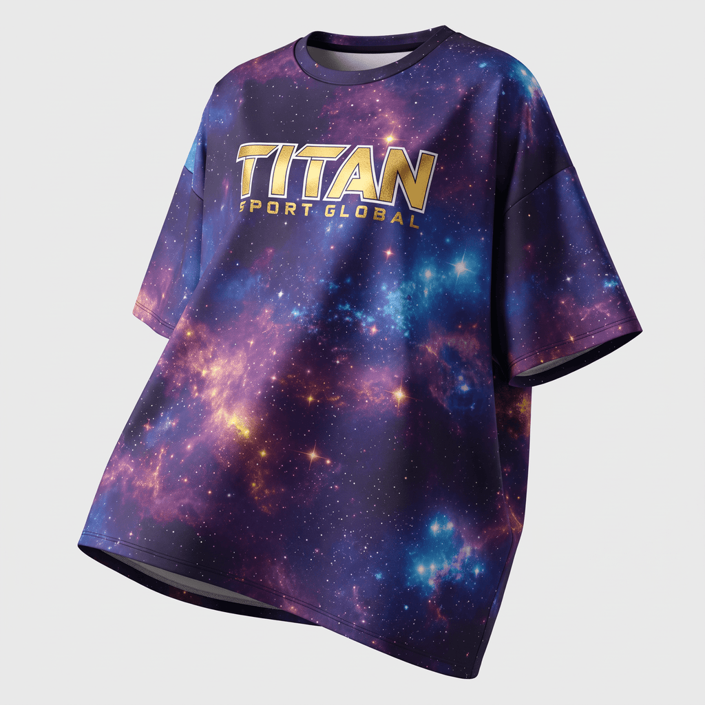 Oversized purple galaxy print t-shirt with gold Titan Sport Global logo on front.