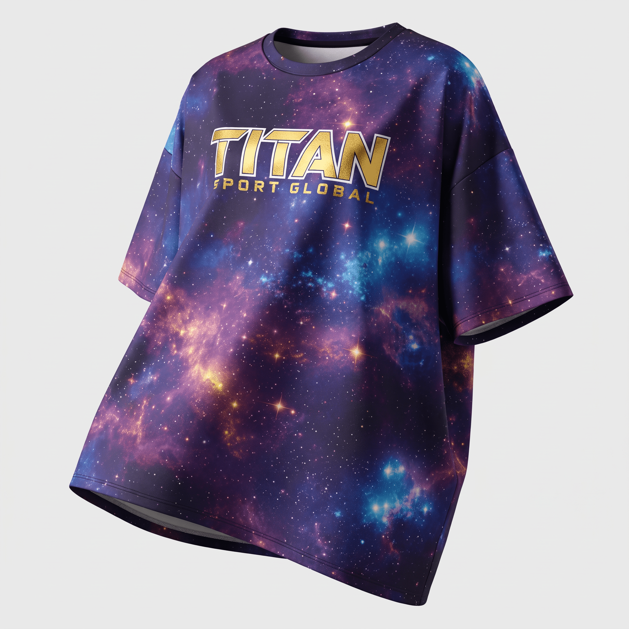 Oversized purple galaxy print t-shirt with gold Titan Sport Global logo on front.