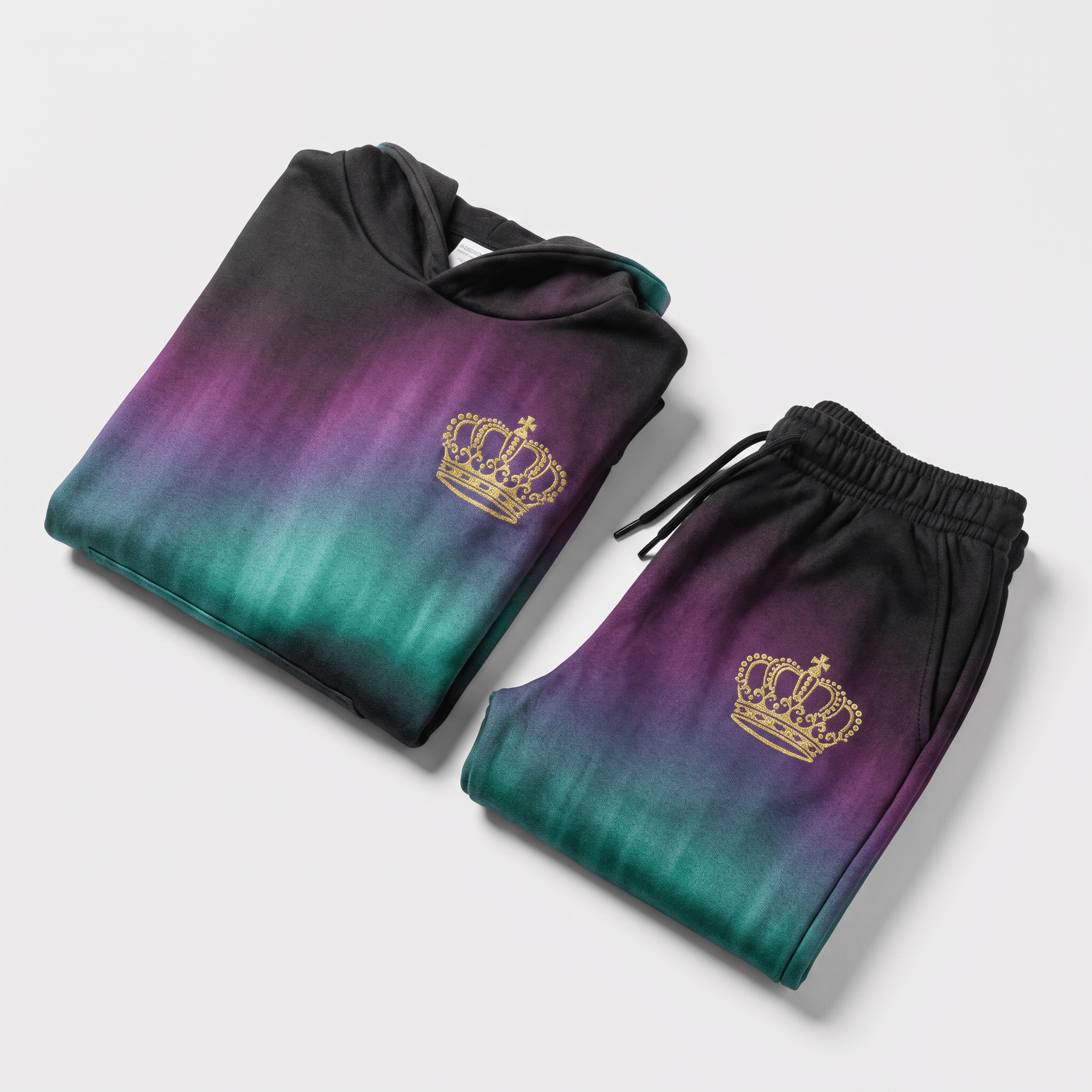 Folded black, purple, and green gradient hoodie and sweatpants set with gold crown prints.