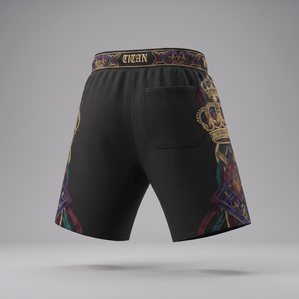 Rear view of black Titan shorts with gold and purple crown and patterned waistband.