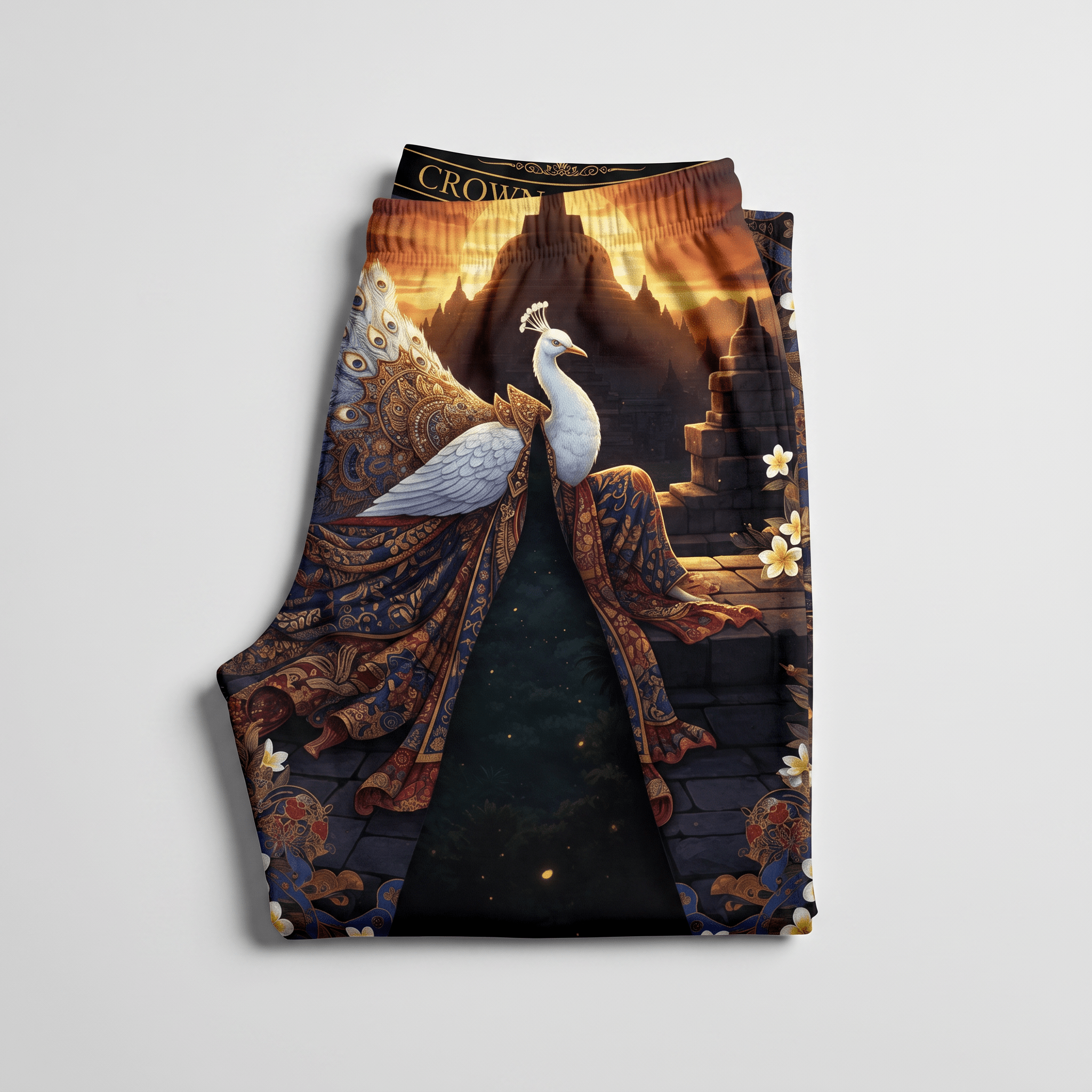 Folded black boxer briefs with an intricate white peacock, pagoda temple, and gold floral print.