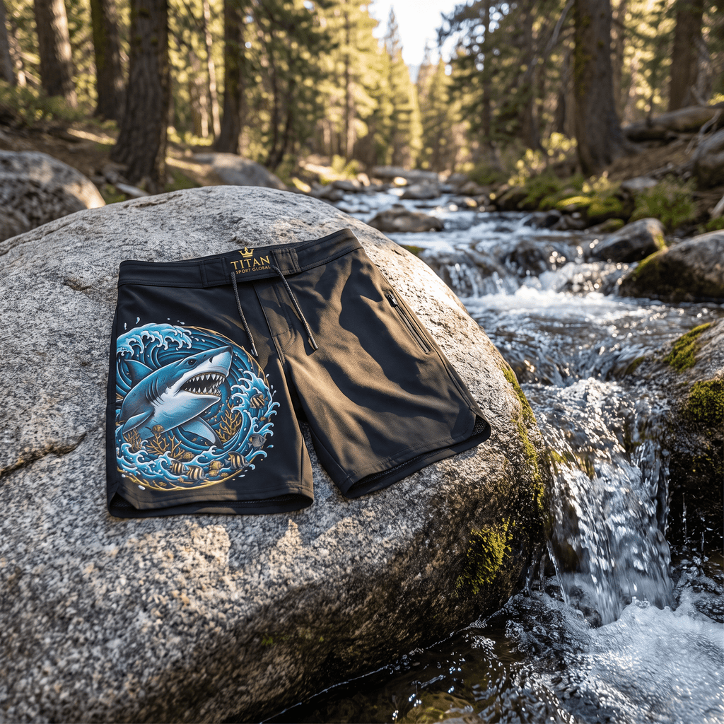 Black athletic shorts featuring a circular graphic of a shark in waves, resting on a rock by a forest stream.