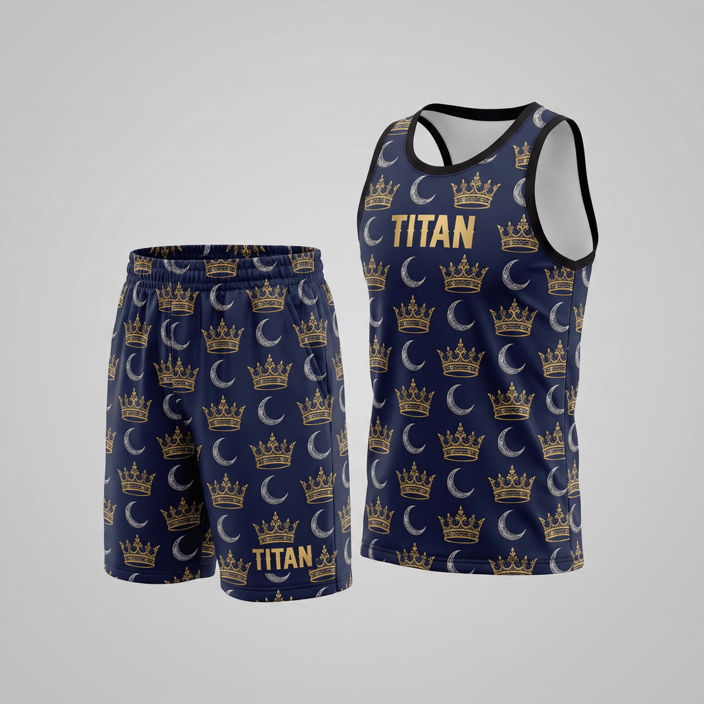 Navy blue basketball jersey and shorts set featuring a gold crown and moon pattern and TITAN text.