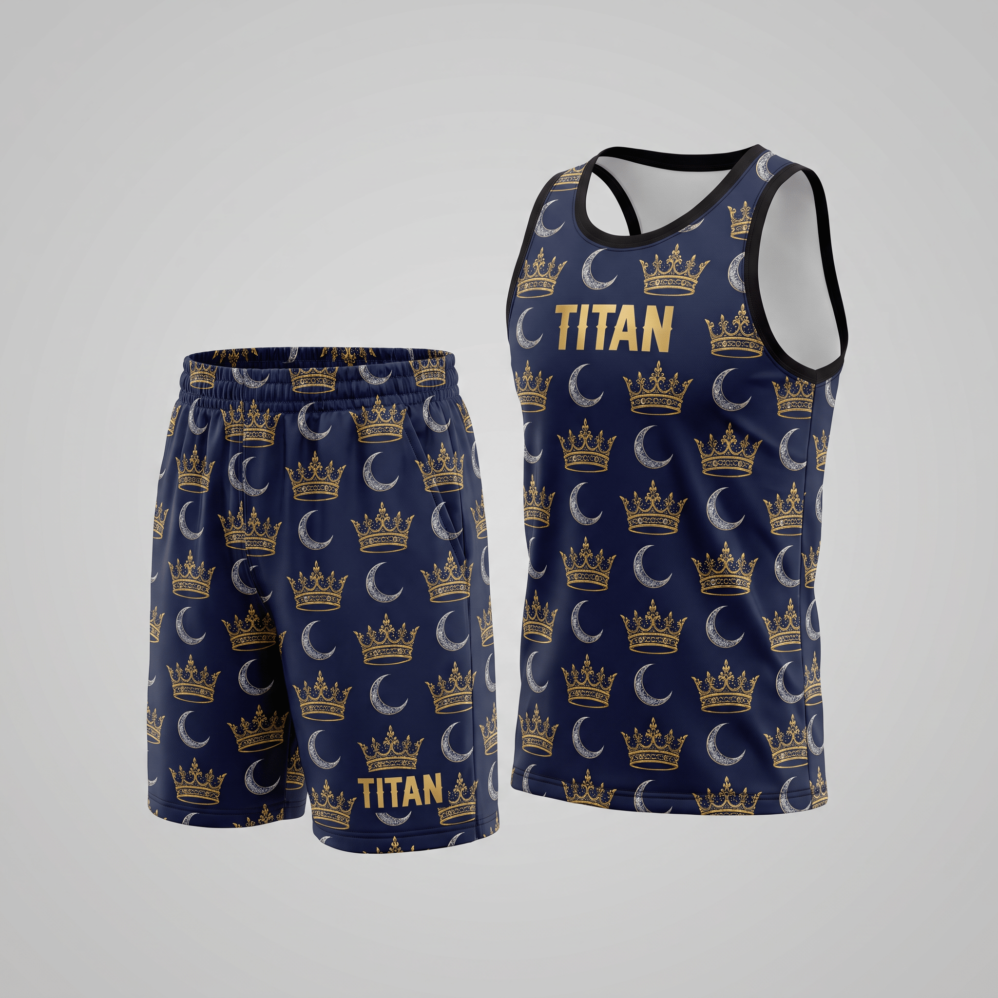 Navy blue basketball jersey and shorts set featuring a gold crown and moon pattern and TITAN text.