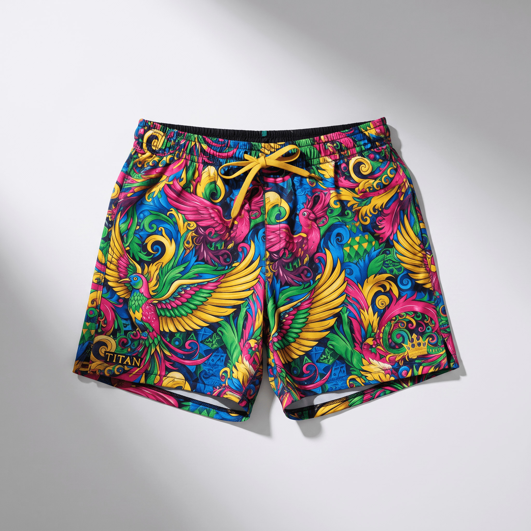 Colorful board shorts featuring a vibrant baroque bird and scroll print with a yellow drawstring.
