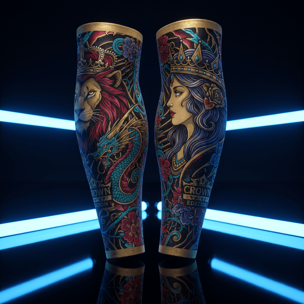 Black athletic compression sleeves with vibrant lion, dragon, and queen crown tattoo-style designs in gold and blue.
