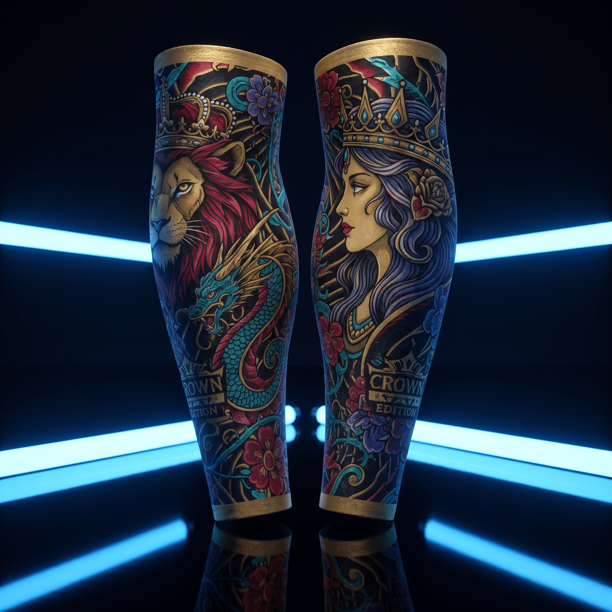 Black athletic compression sleeves with vibrant lion, dragon, and queen crown tattoo-style designs in gold and blue.