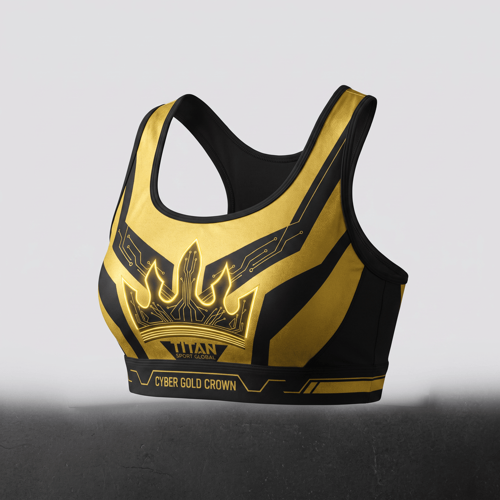 Black and gold sports bra with cyber crown graphic and Titan Sport Global logo.