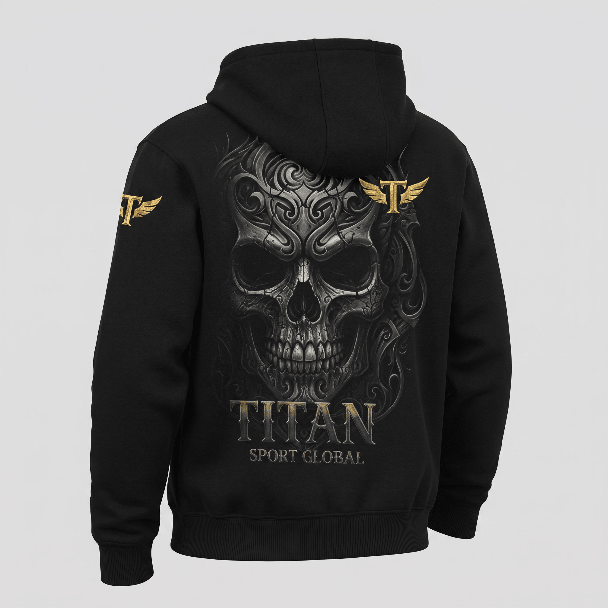 Black Titan Sport Global hoodie with ornate skull back graphic and gold winged T logo.