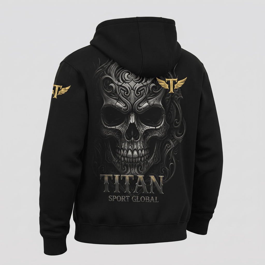 Black Titan Sport Global hoodie featuring a large back graphic of a detailed metallic skull and gold winged logos.
