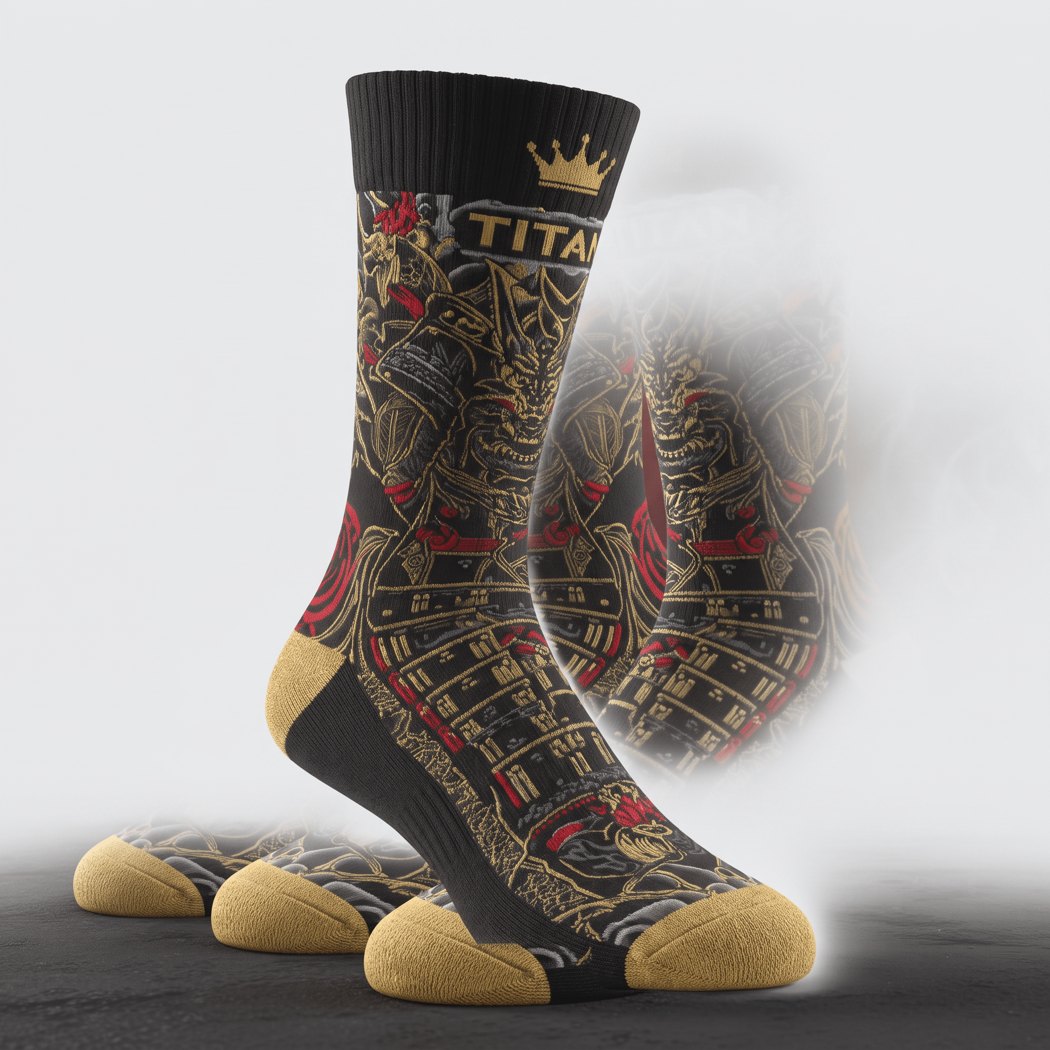 Black crew socks with gold and red samurai armor graphic, Titan text, gold crown, and gold toe and heel.