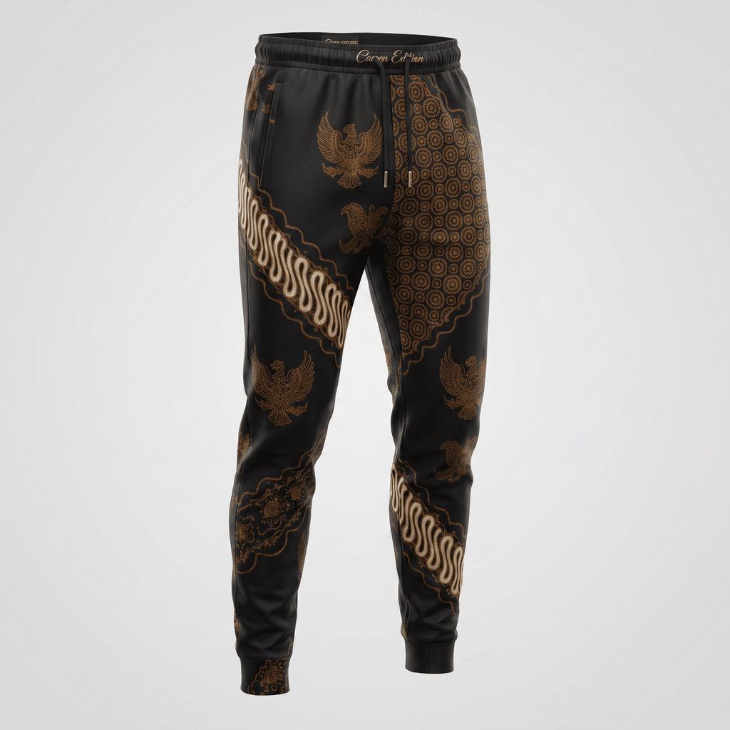 Black joggers with gold Indonesian batik pattern, featuring traditional eagle motifs and drawstring waist.