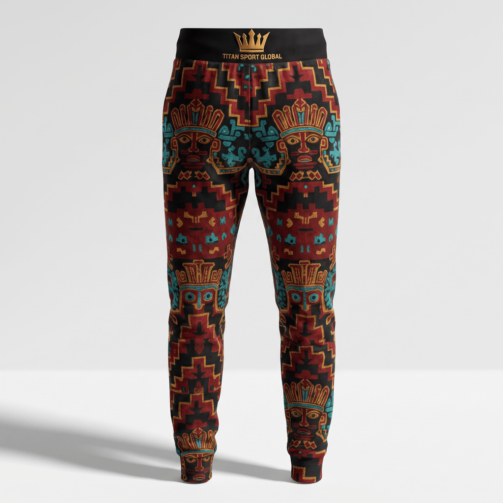 Titan Sport Global black sweatpants featuring red and turquoise Aztec print and black waistband with gold crown.
