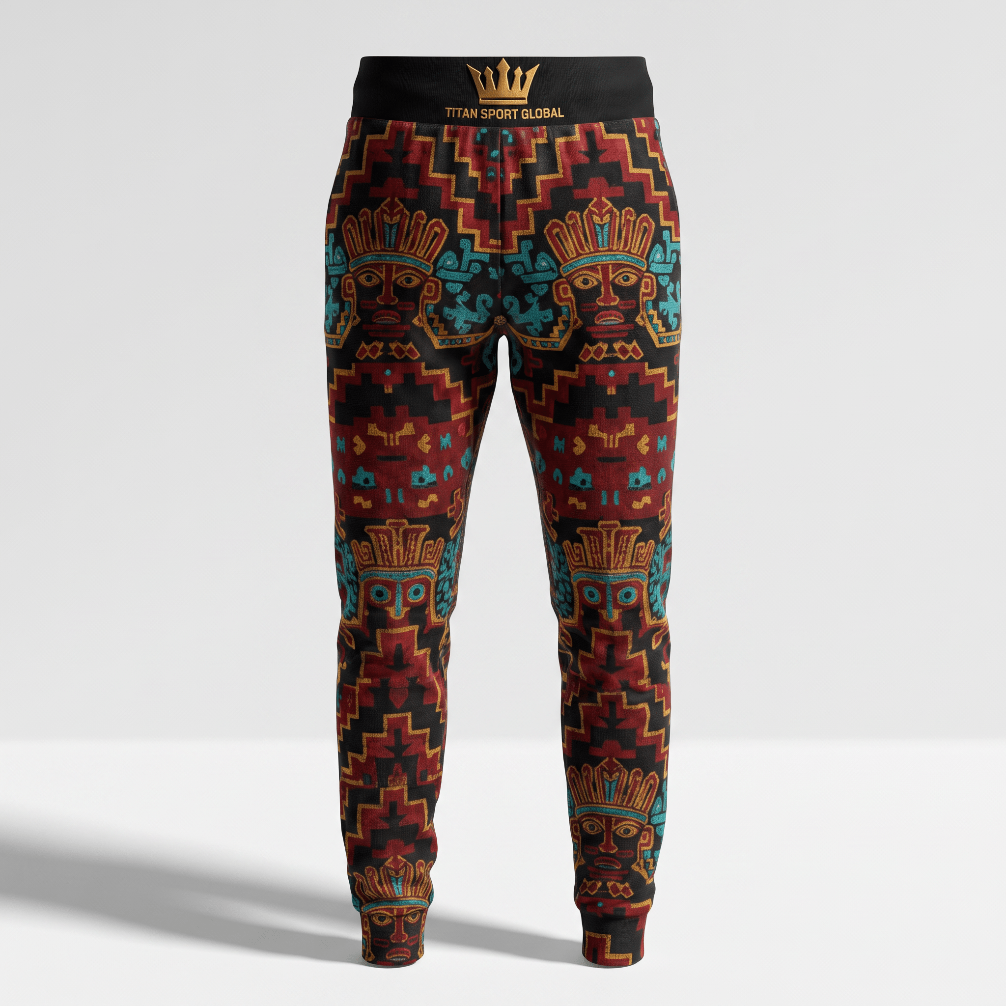 Titan Sport Global black sweatpants featuring red and turquoise Aztec print and black waistband with gold crown.