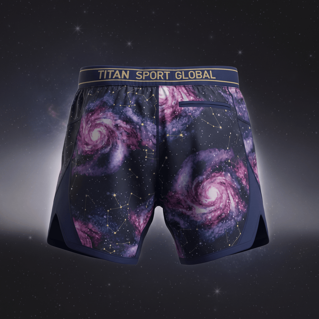 Titan Sport Global athletic shorts in dark purple galaxy print with constellations and gold waistband.