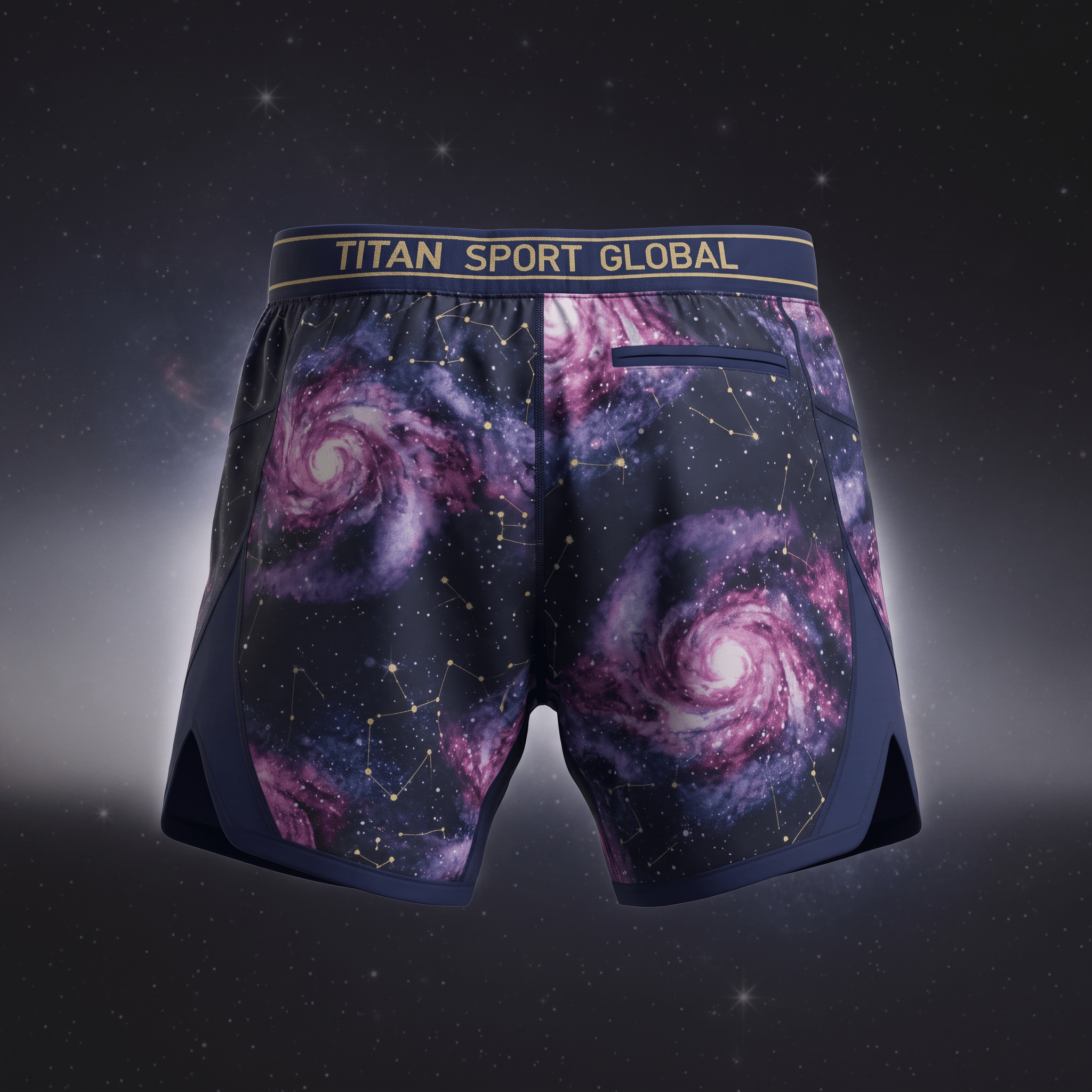 Titan Sport Global athletic shorts with galaxy print, constellation details, and branded waistband.