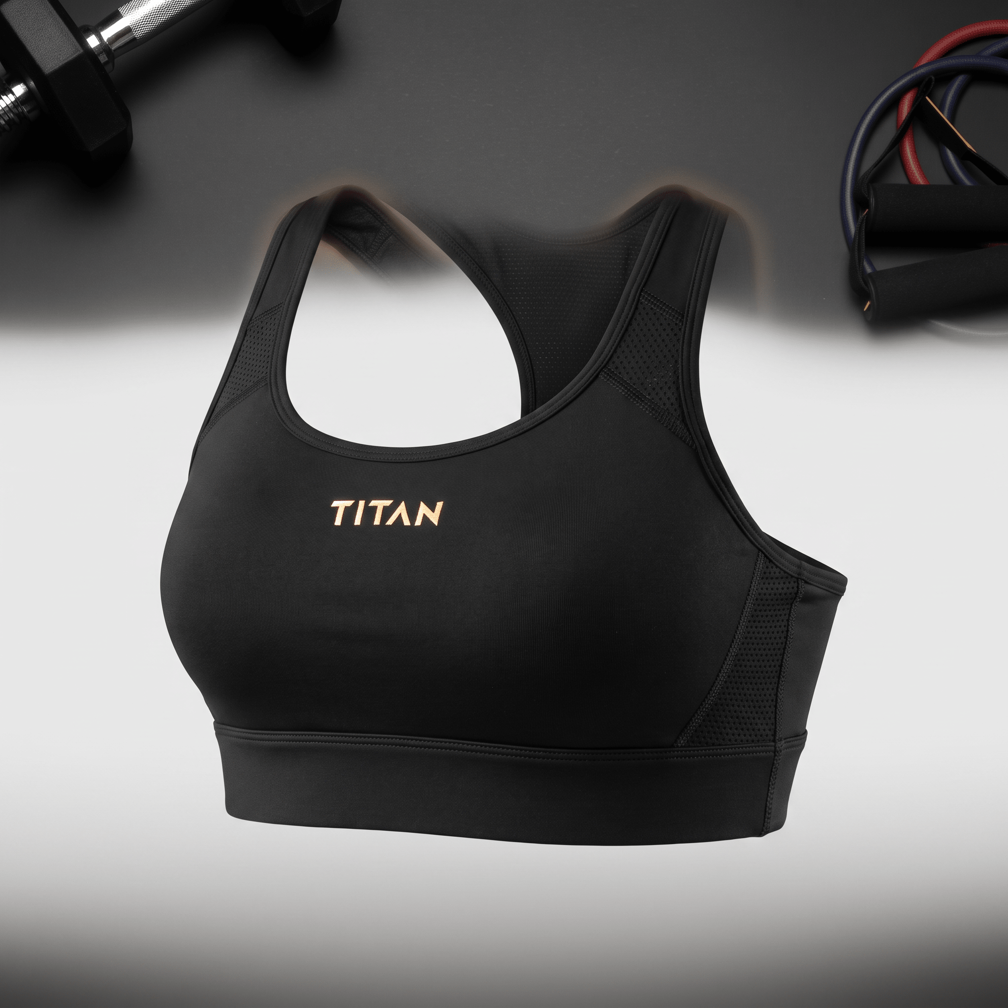 Black Titan sports bra with gold logo, racerback style, and mesh panels, surrounded by fitness gear.