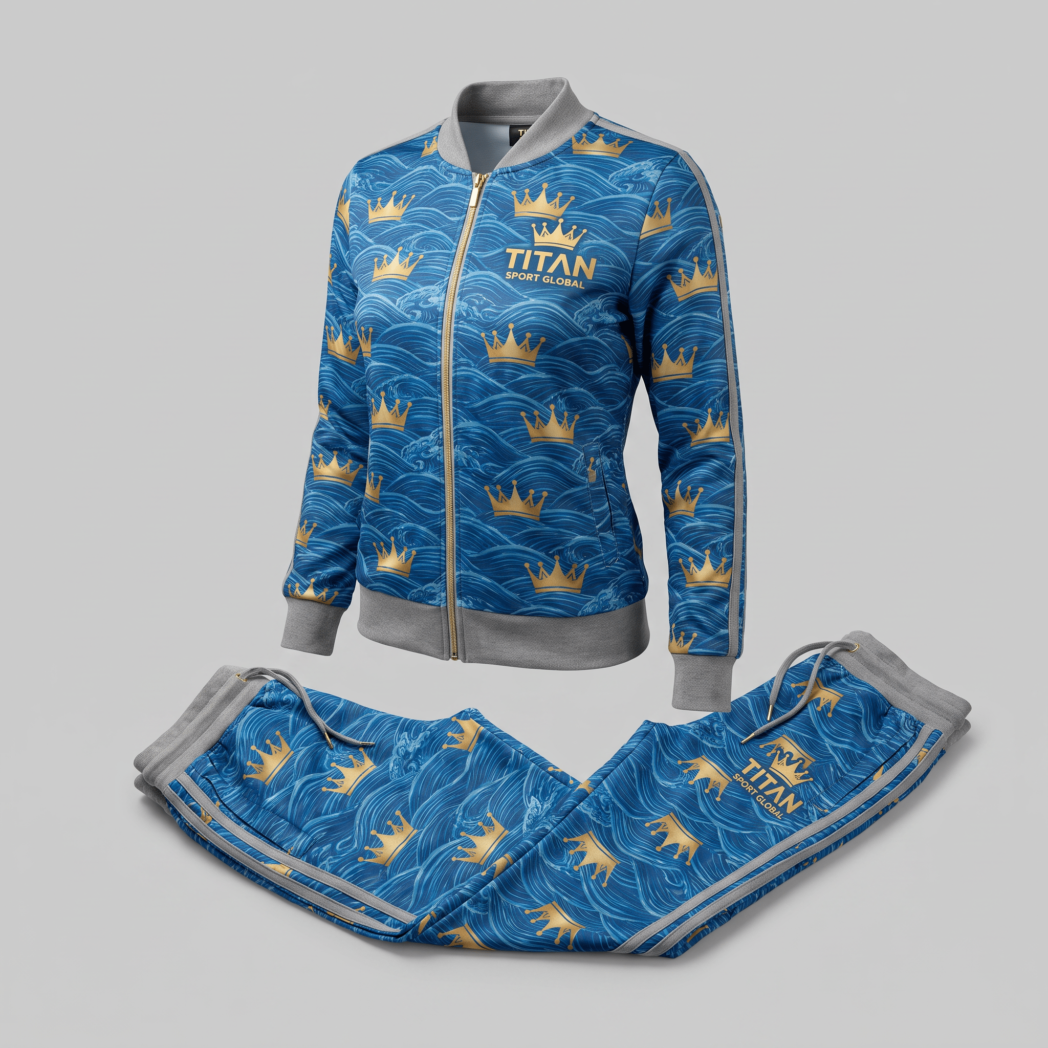 Blue tracksuit with gold crown pattern and Titan Sport Global logo, featuring gray ribbing and zip jacket.