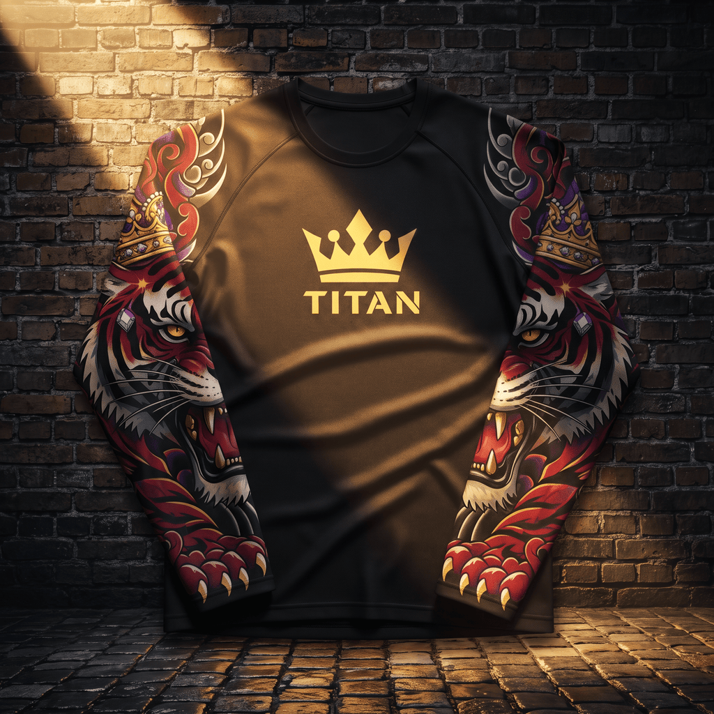 Black long-sleeve athletic shirt featuring a golden crown, "TITAN" logo, and vibrant tiger head sleeve prints.