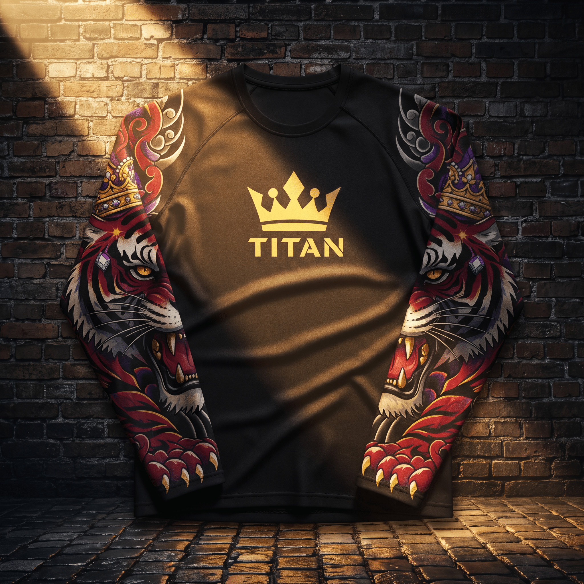 Black long-sleeve athletic shirt featuring a golden crown, "TITAN" logo, and vibrant tiger head sleeve prints.