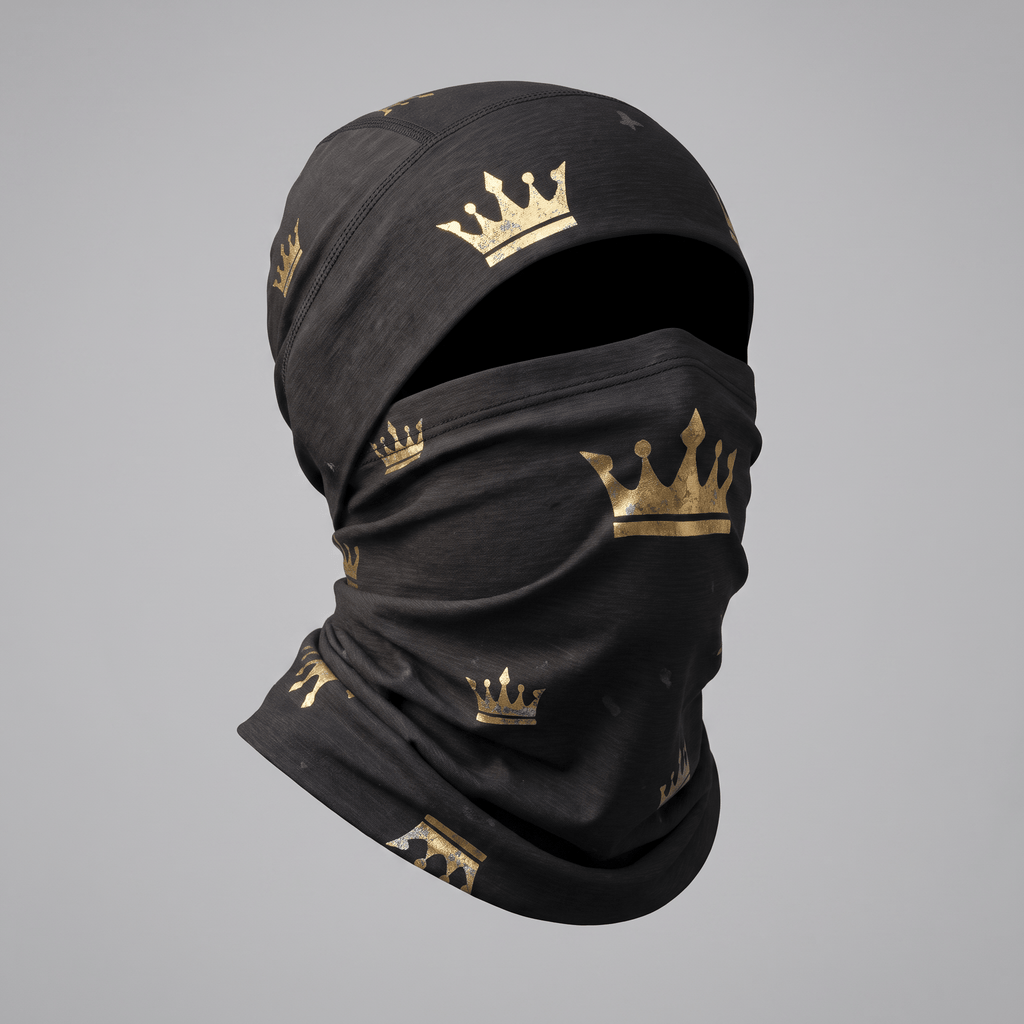 Black balaclava with gold crown pattern, showcasing a sleek style against a neutral gray background.