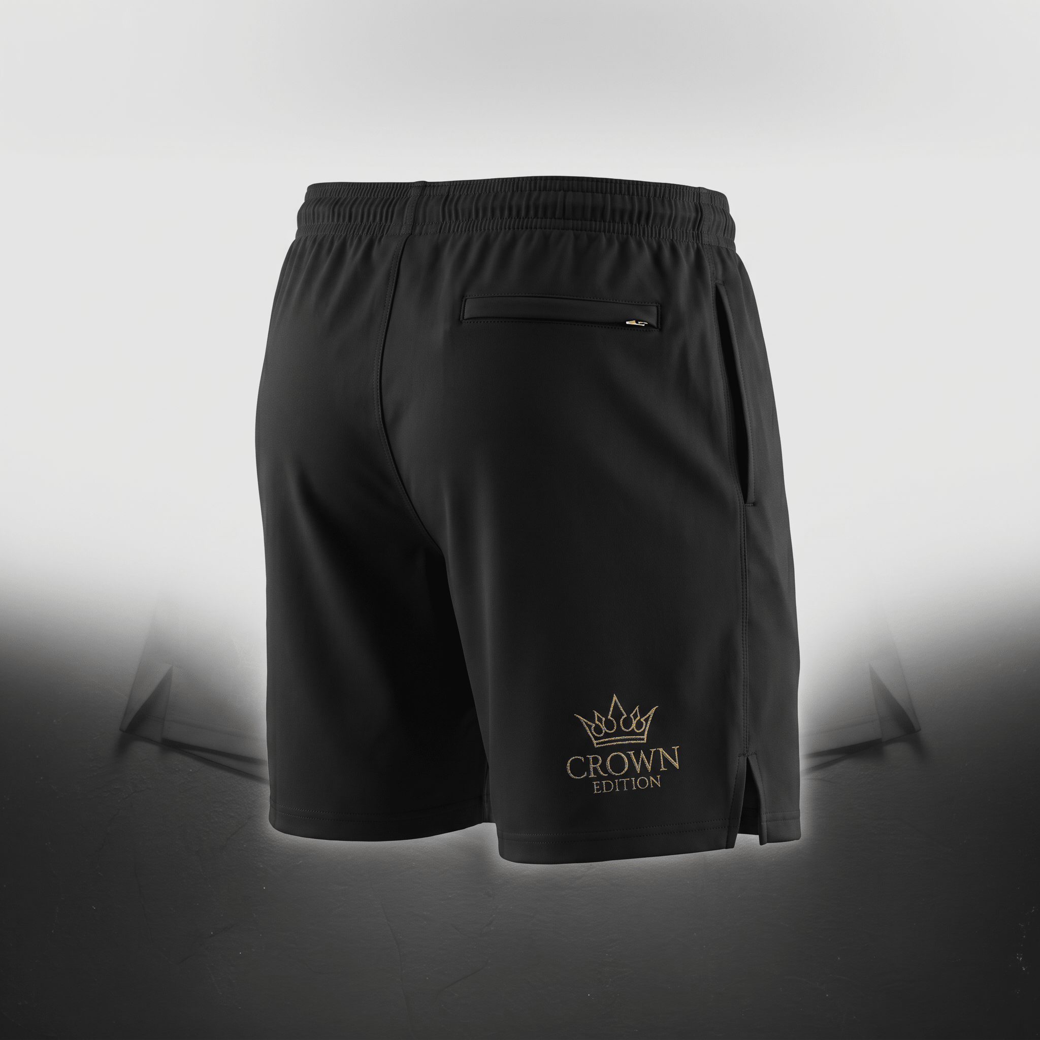 Back view of black athletic shorts with gold Crown Edition logo and zipped pocket.