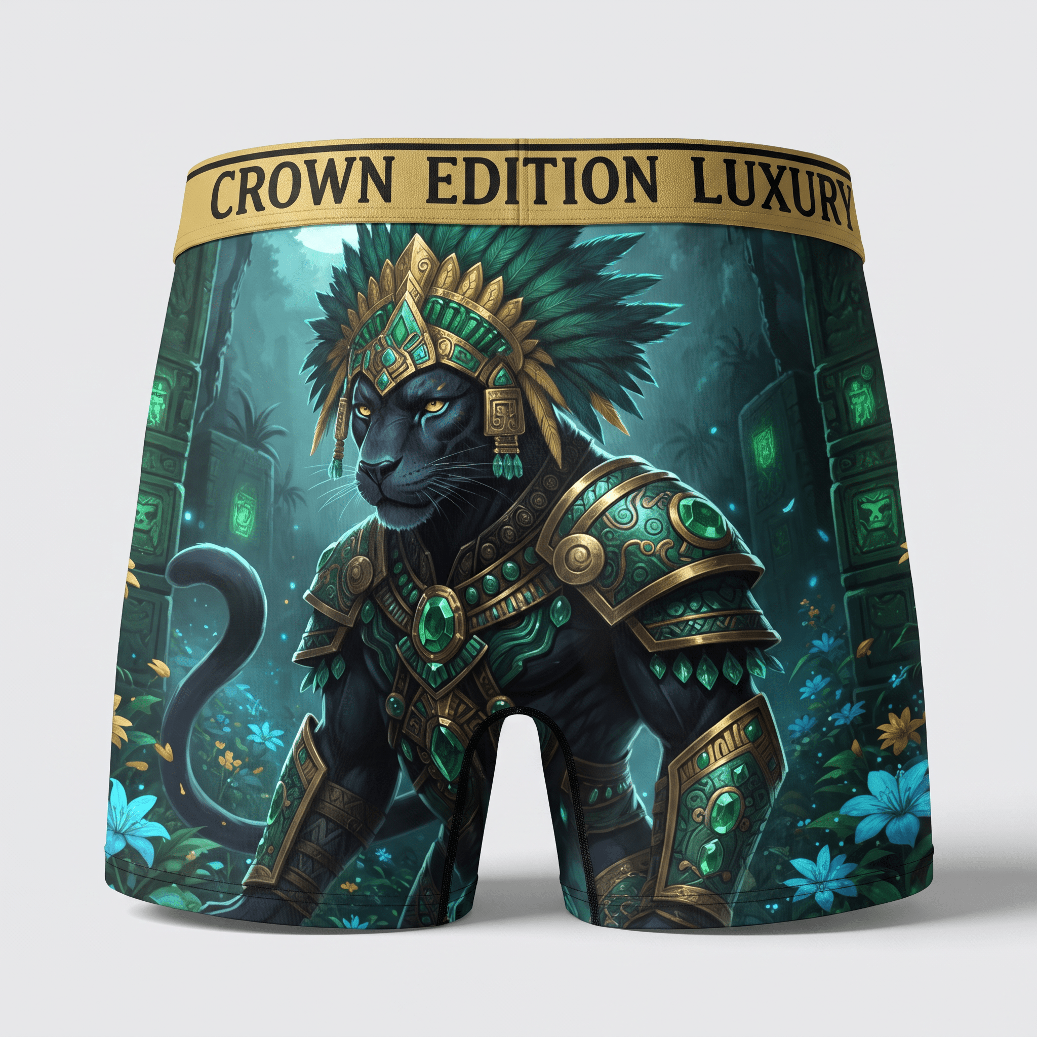 Black boxer briefs with green and gold fantasy warrior cat graphic and Crown Edition Luxury waistband.