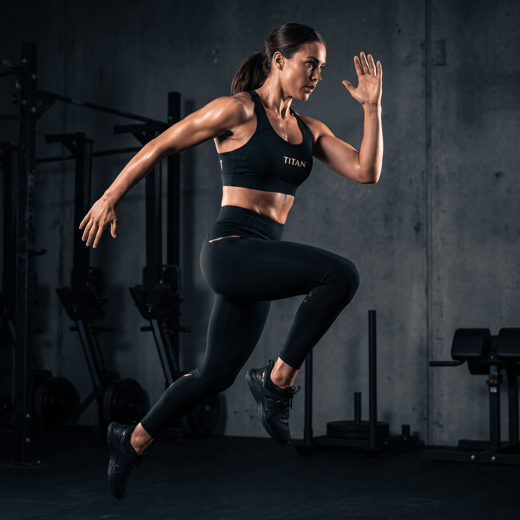Female athlete in black TITAN sports bra and leggings running mid-air in gym.