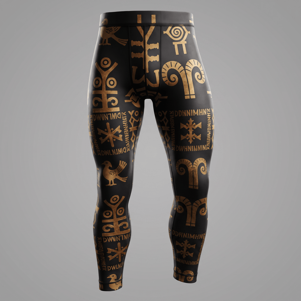 Black compression leggings with metallic gold ancient symbols and runes pattern.