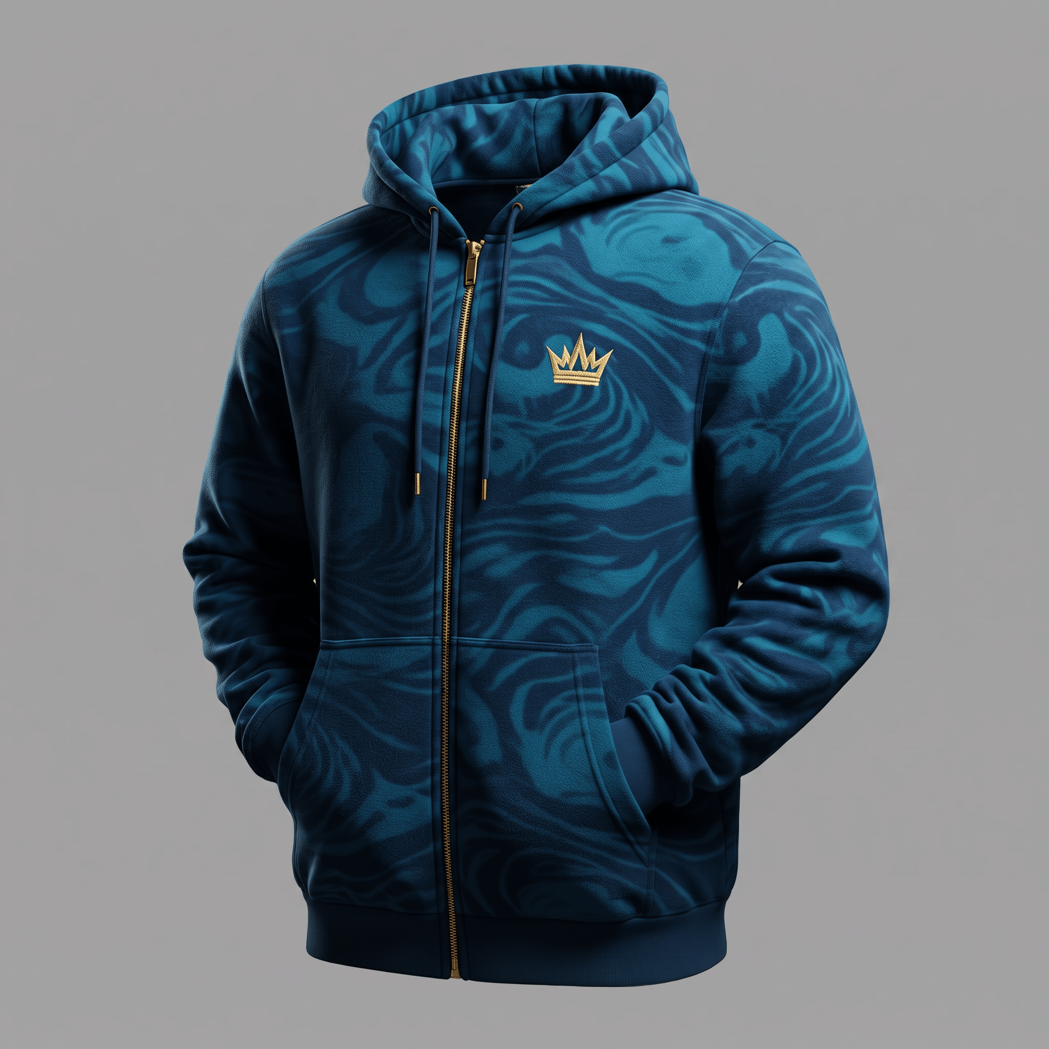Blue zip-up hoodie featuring an abstract swirl pattern, gold zipper, and embroidered gold crown logo on the chest.