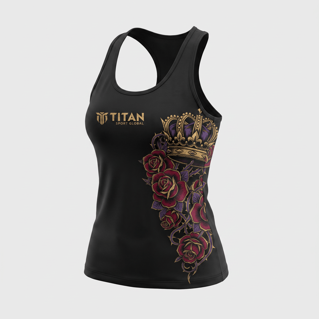 Black women's racerback tank top with gold Titan Sport Global logo, red roses, and a crown graphic.
